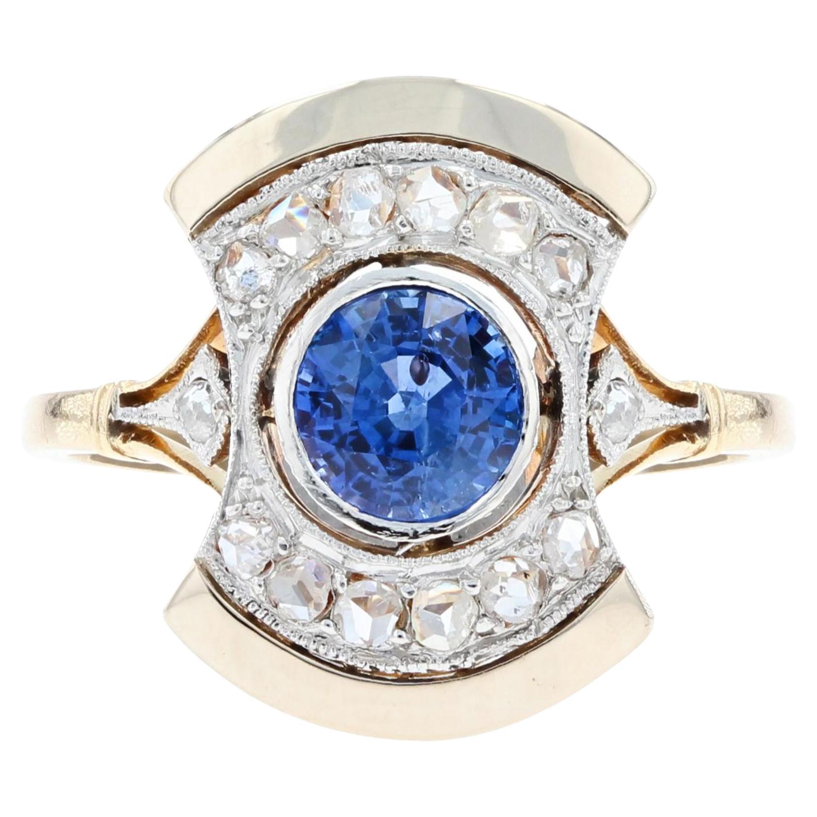 Franzsischer, 1925er Jahre, Art-Dco-Saphir-Diamant-Ring aus 18 Karat Gelbgold