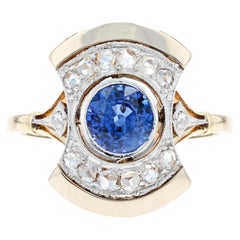 French, 1925s, Art Deco Sapphire Diamonds 18 Karat Yellow Gold Ring