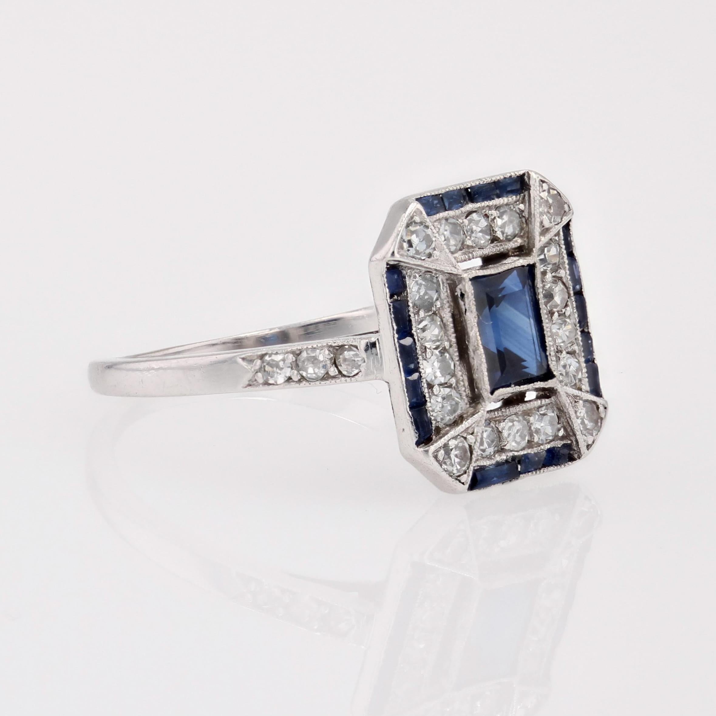 Französischer 1925er Art Deco Saphir Diamanten Platin Rechteckiger Ring im Angebot 5