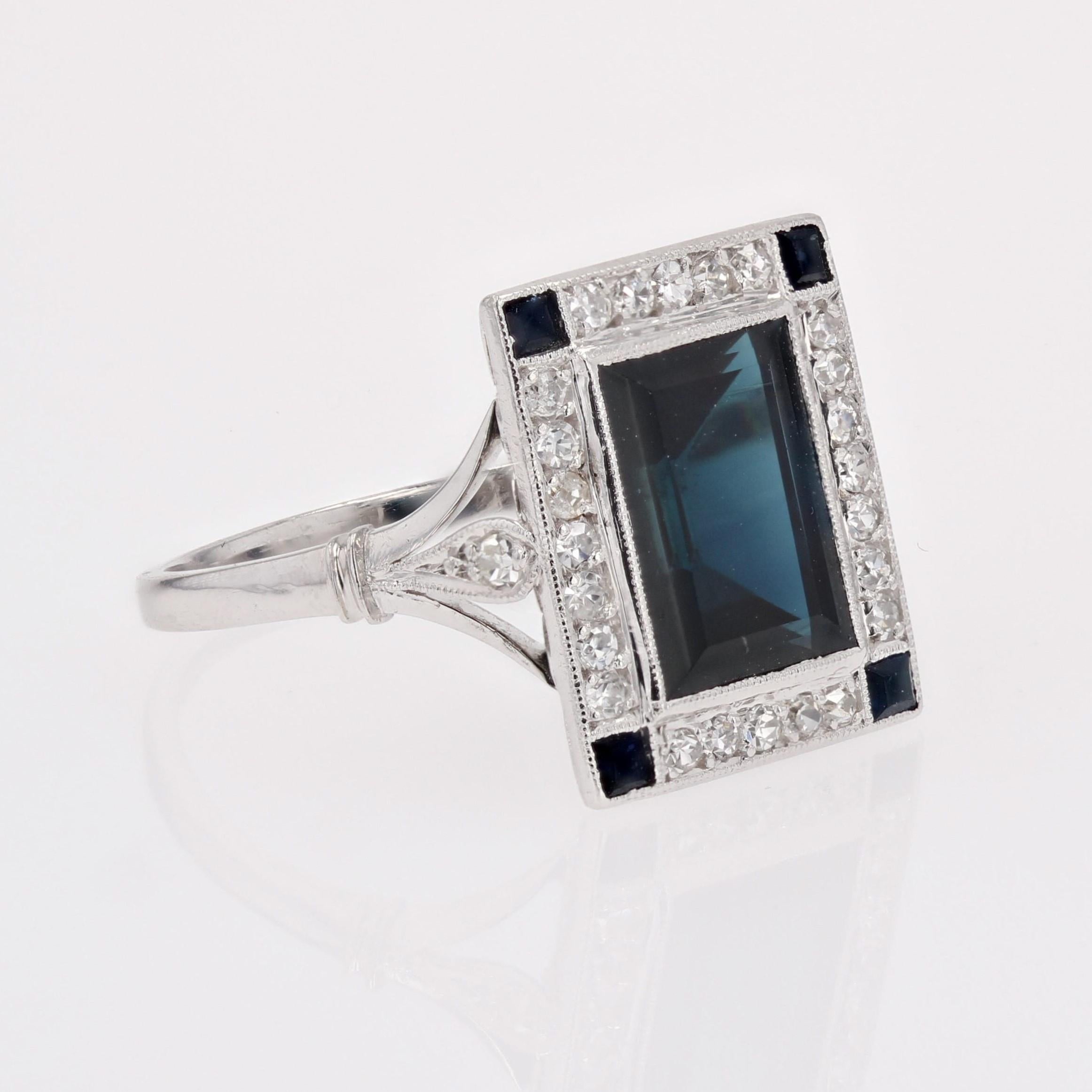 French 1925s Art Deco Sapphire Diamonds Platinum Rectangular Ring For Sale 6
