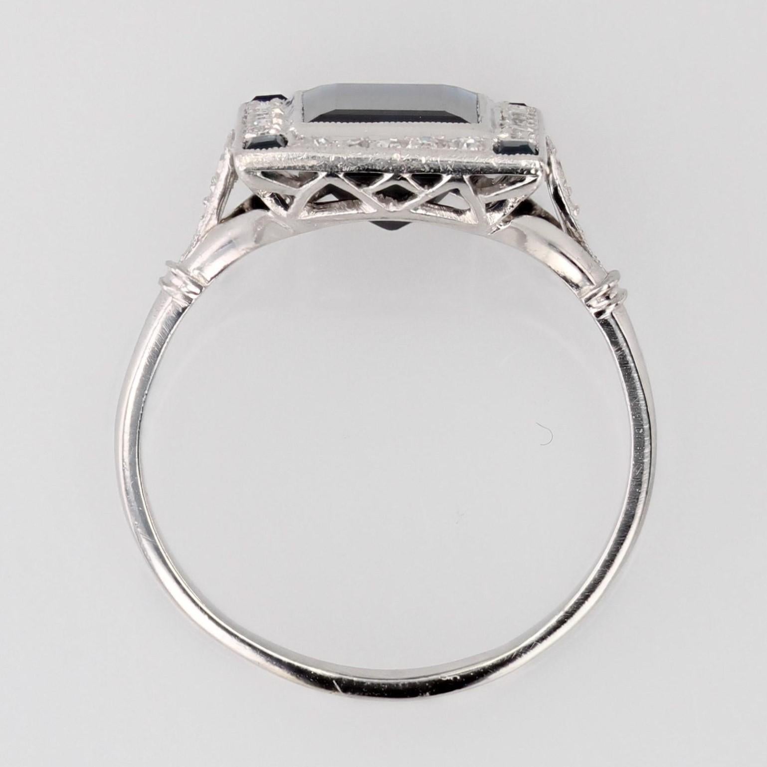 Französischer 1925er Art Deco Saphir Diamanten Platin Rechteckiger Ring im Angebot 7
