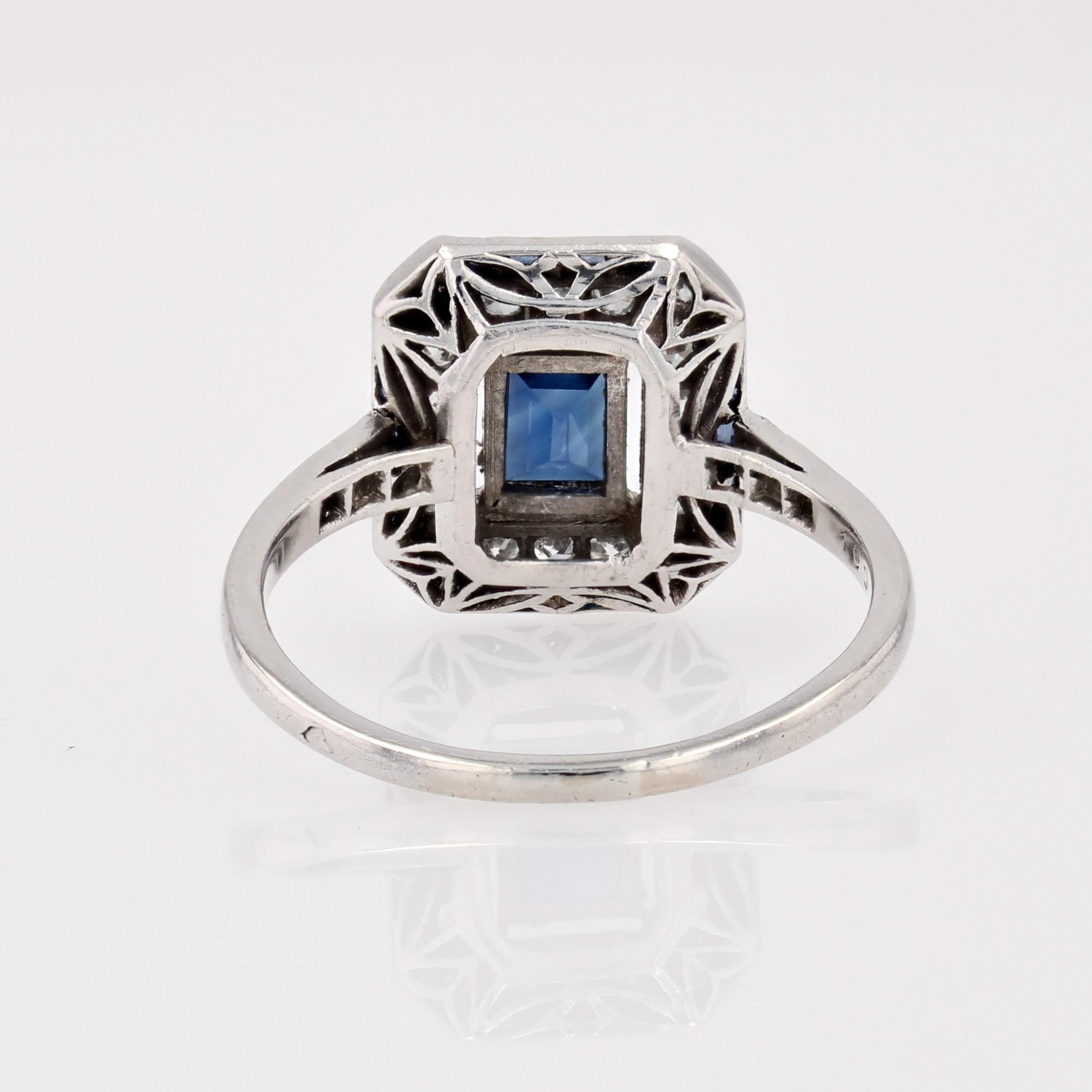 French 1925s Art Deco Sapphire Diamonds Platinum Rectangular Ring For Sale 9