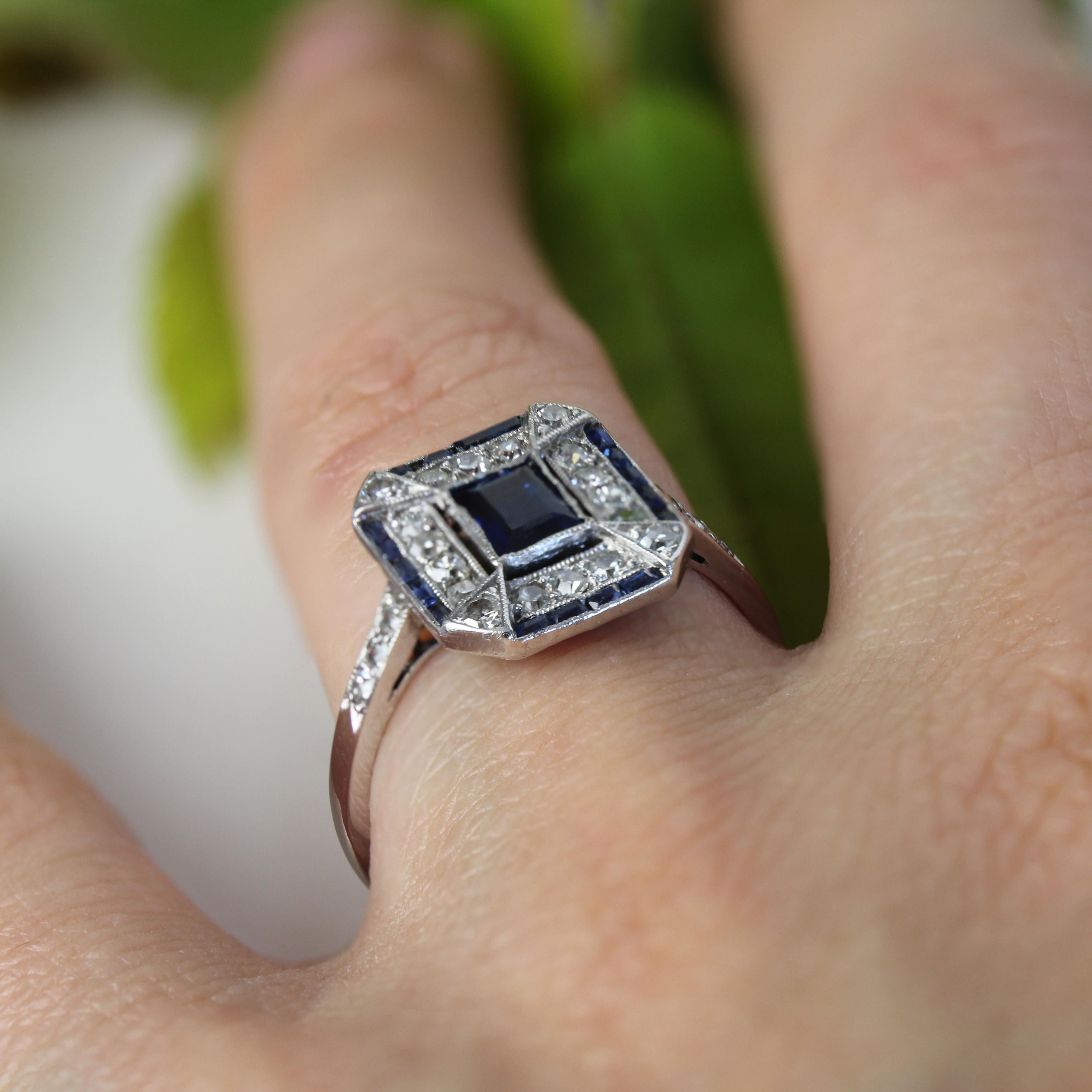 Französischer 1925er Art Deco Saphir Diamanten Platin Rechteckiger Ring im Angebot 9