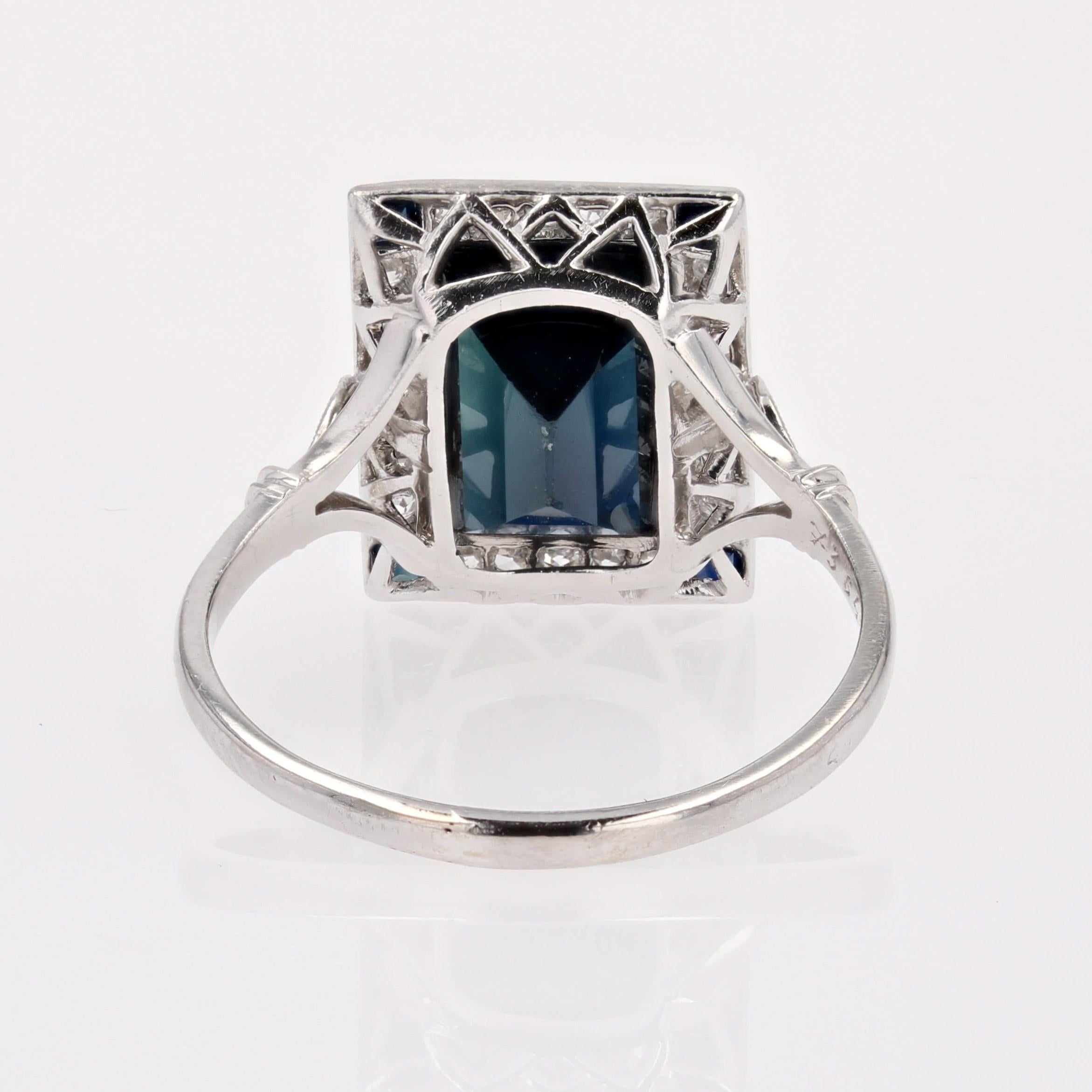 Französischer 1925er Art Deco Saphir Diamanten Platin Rechteckiger Ring im Angebot 9
