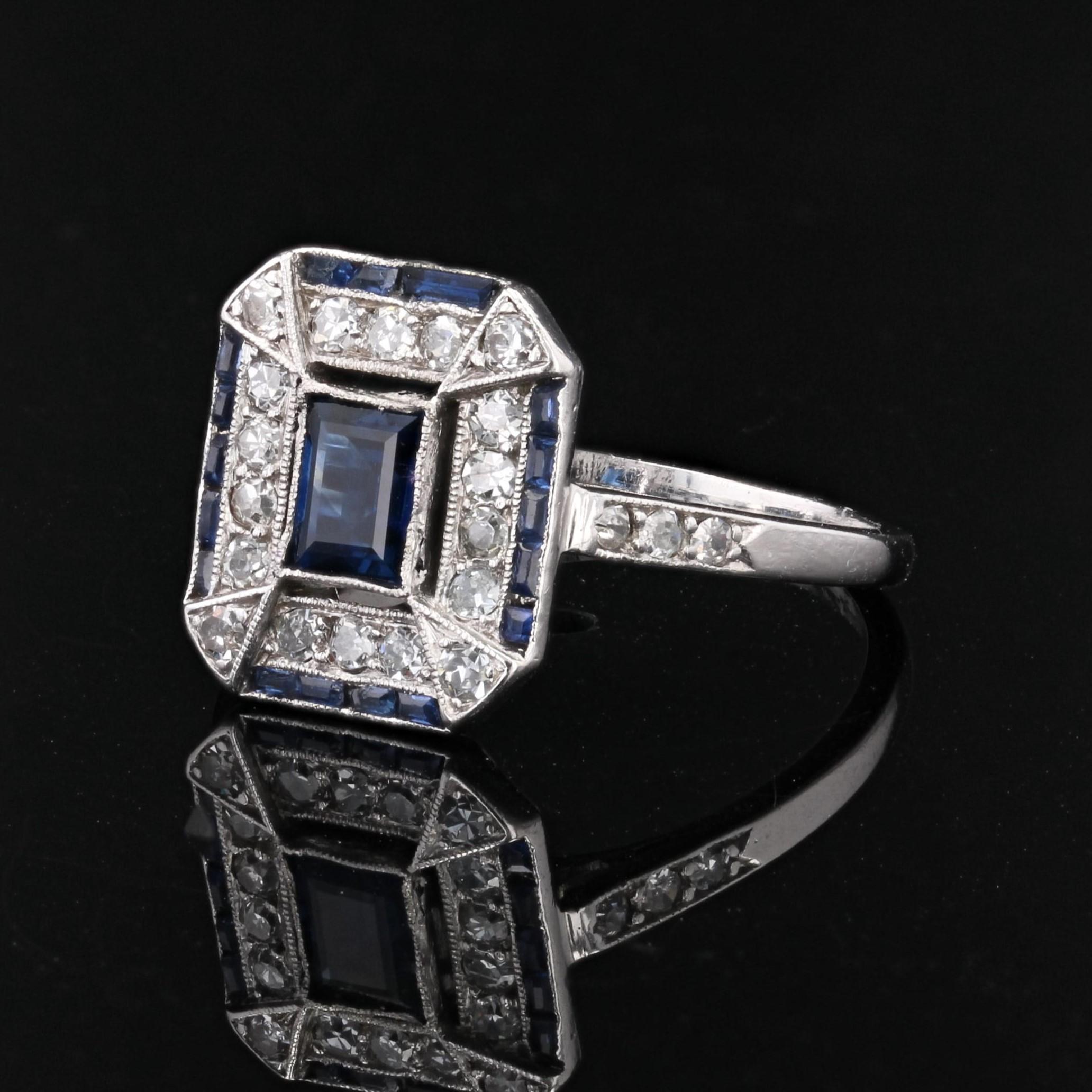 French 1925s Art Deco Sapphire Diamonds Platinum Rectangular Ring For Sale 2
