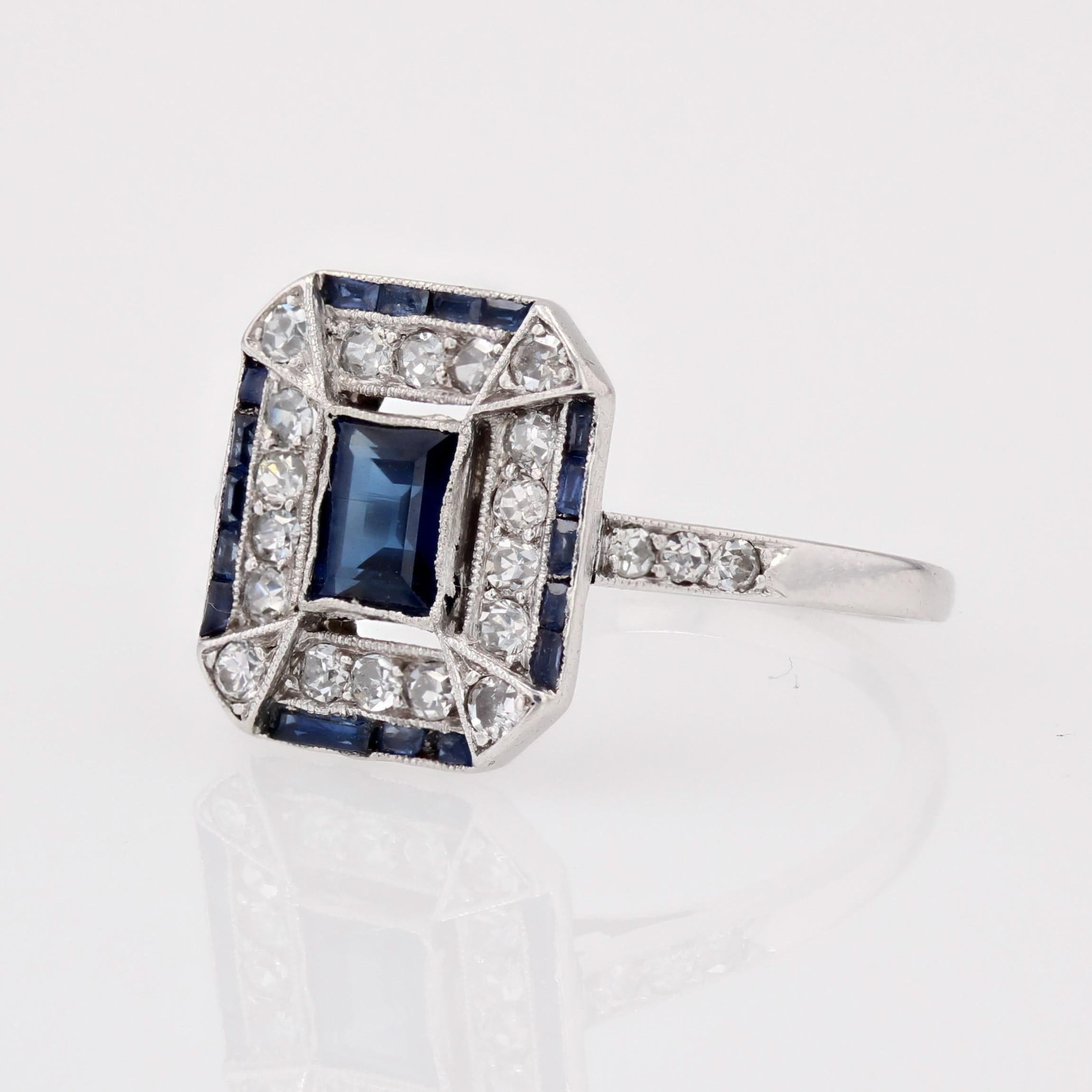 French 1925s Art Deco Sapphire Diamonds Platinum Rectangular Ring For Sale 3