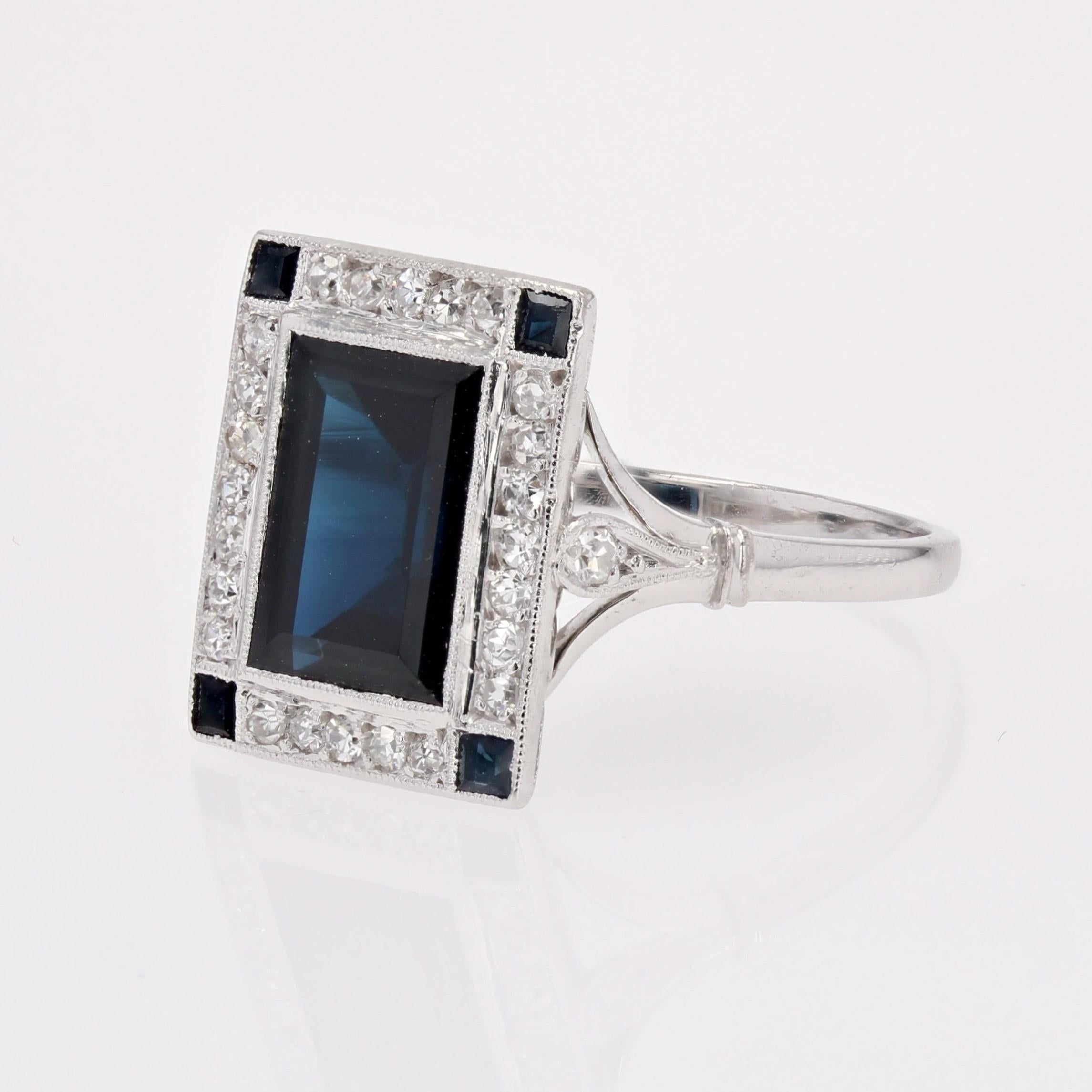 French 1925s Art Deco Sapphire Diamonds Platinum Rectangular Ring For Sale 3