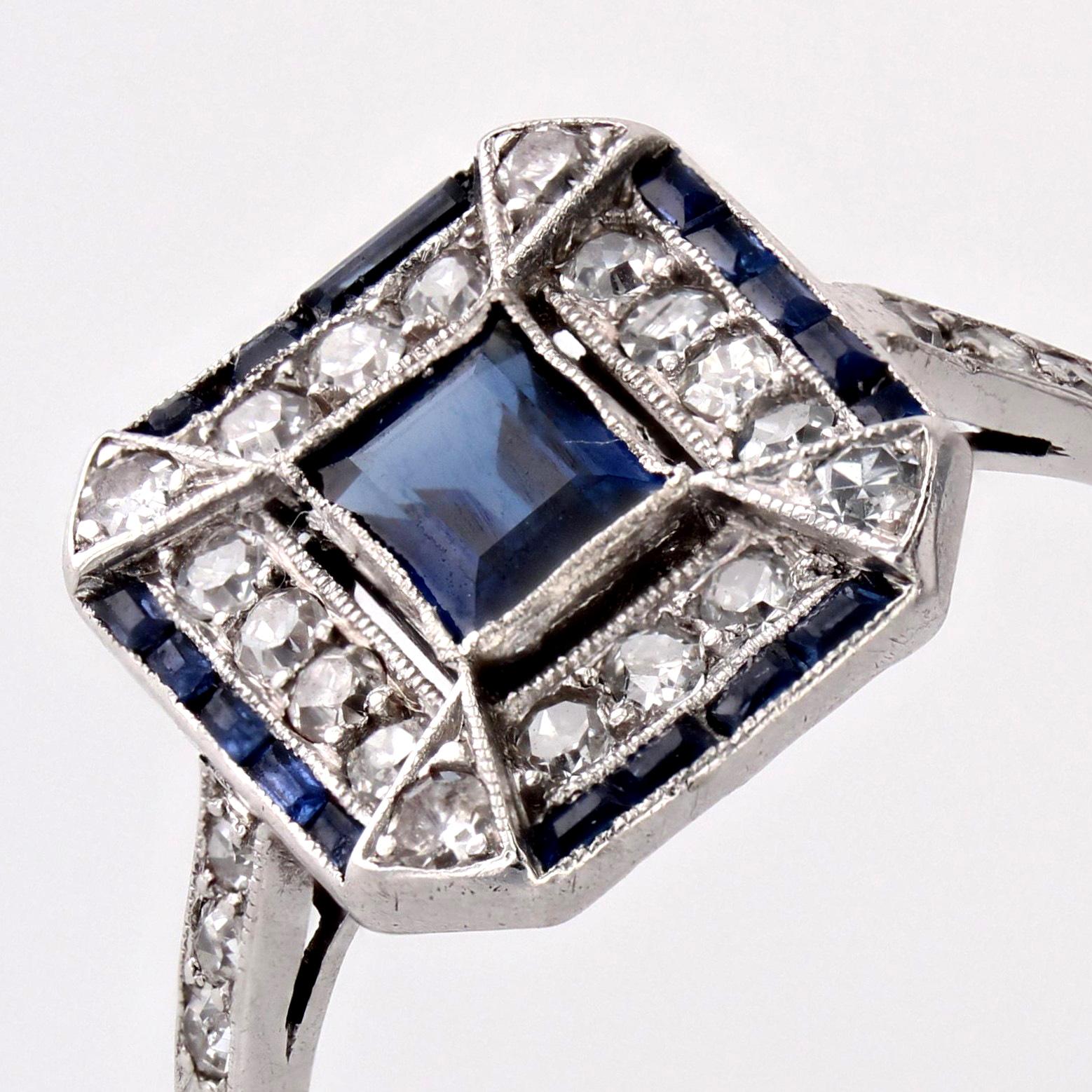French 1925s Art Deco Sapphire Diamonds Platinum Rectangular Ring For Sale 4