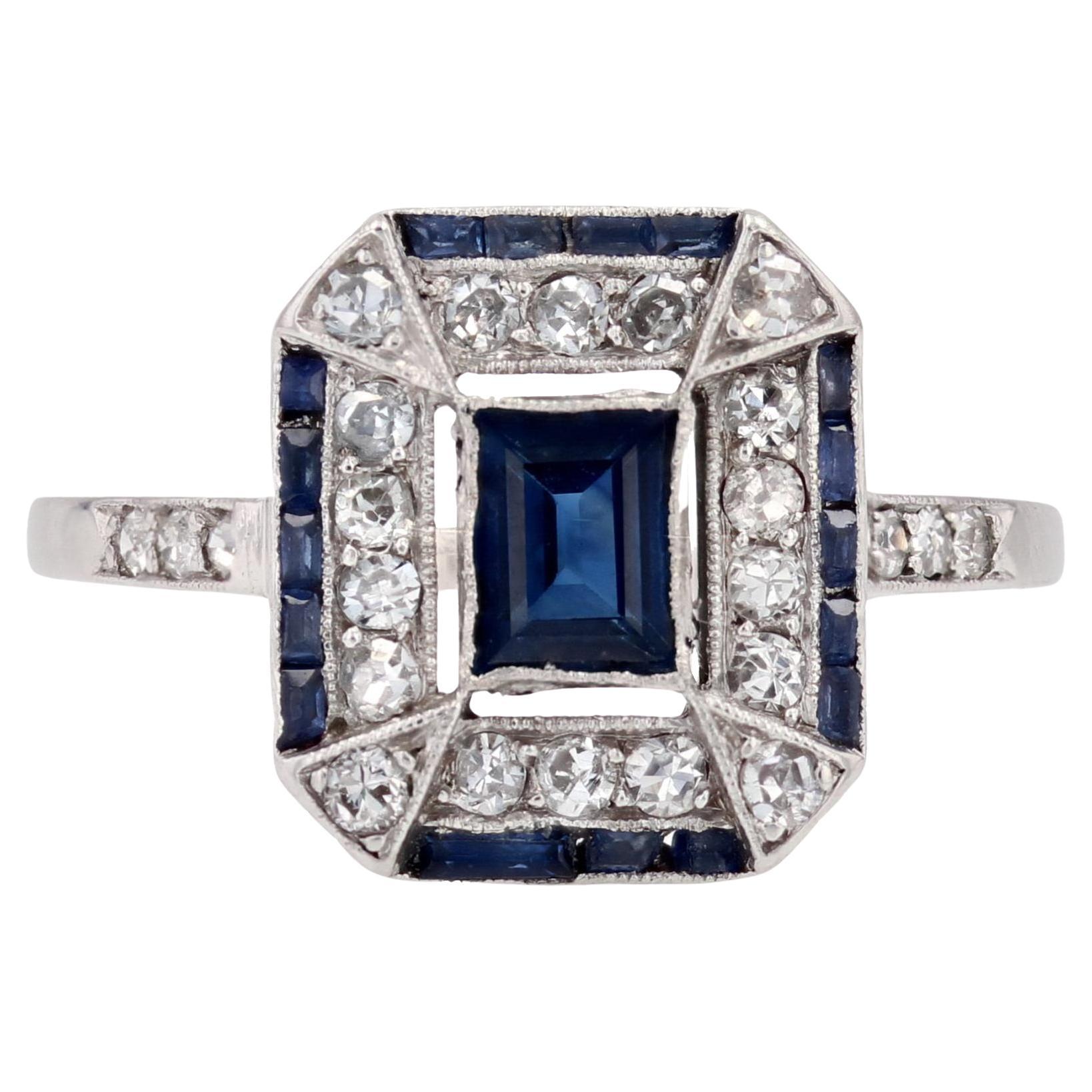 French 1925s Art Deco Sapphire Diamonds Platinum Rectangular Ring For Sale