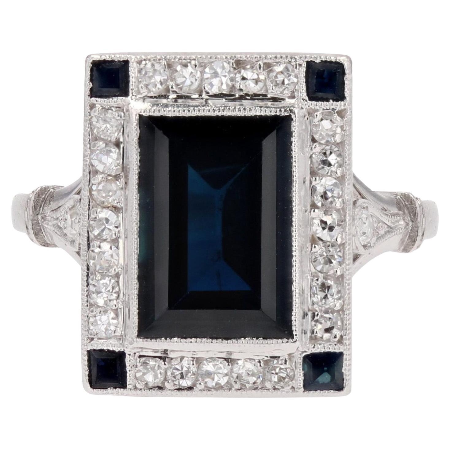 French 1925s Art Deco Sapphire Diamonds Platinum Rectangular Ring For Sale