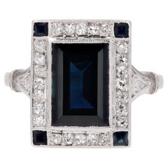 Antique French 1925s Art Deco Sapphire Diamonds Platinum Rectangular Ring
