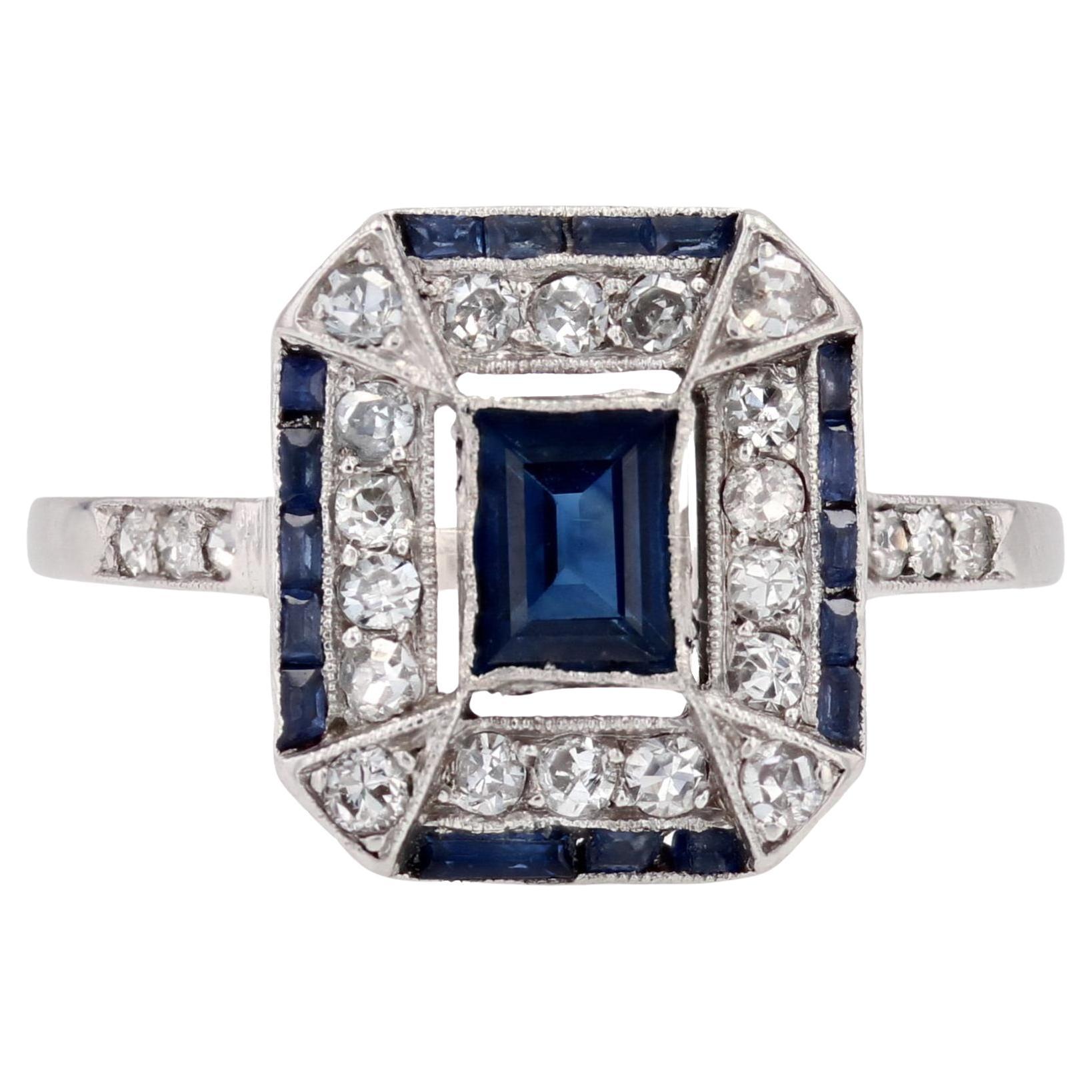 French 1925s Art Deco Sapphire Diamonds Platinum Rectangular Ring