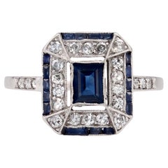 French 1925s Art Deco Sapphire Diamonds Platinum Rectangular Ring