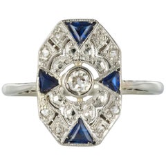 Antique French 1925 Art Deco Sapphire Diamonds White Gold Ring