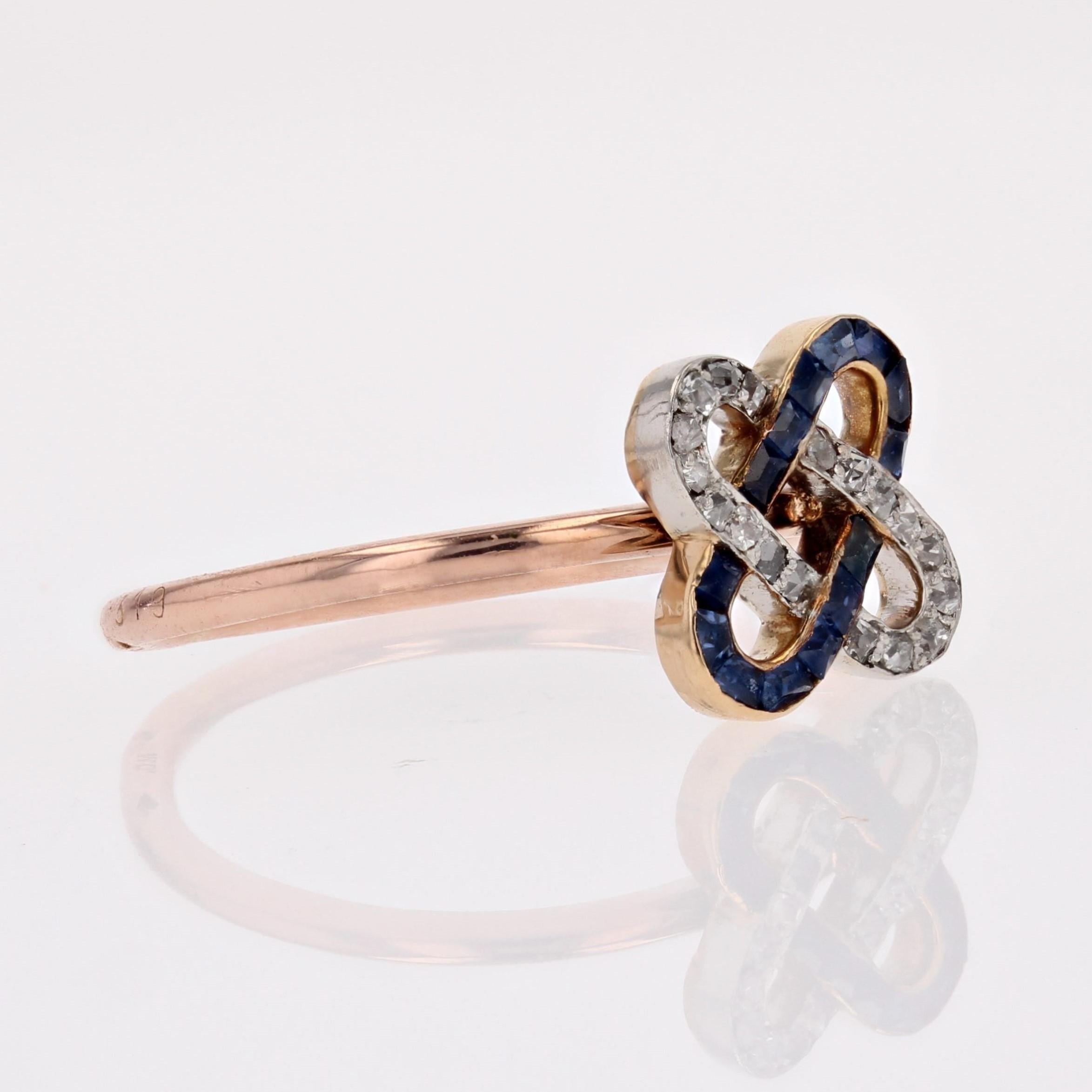 French 1925s Art Deco Sapphires Diamonds 18 Karat Rose Gold Staple Ring For Sale 6