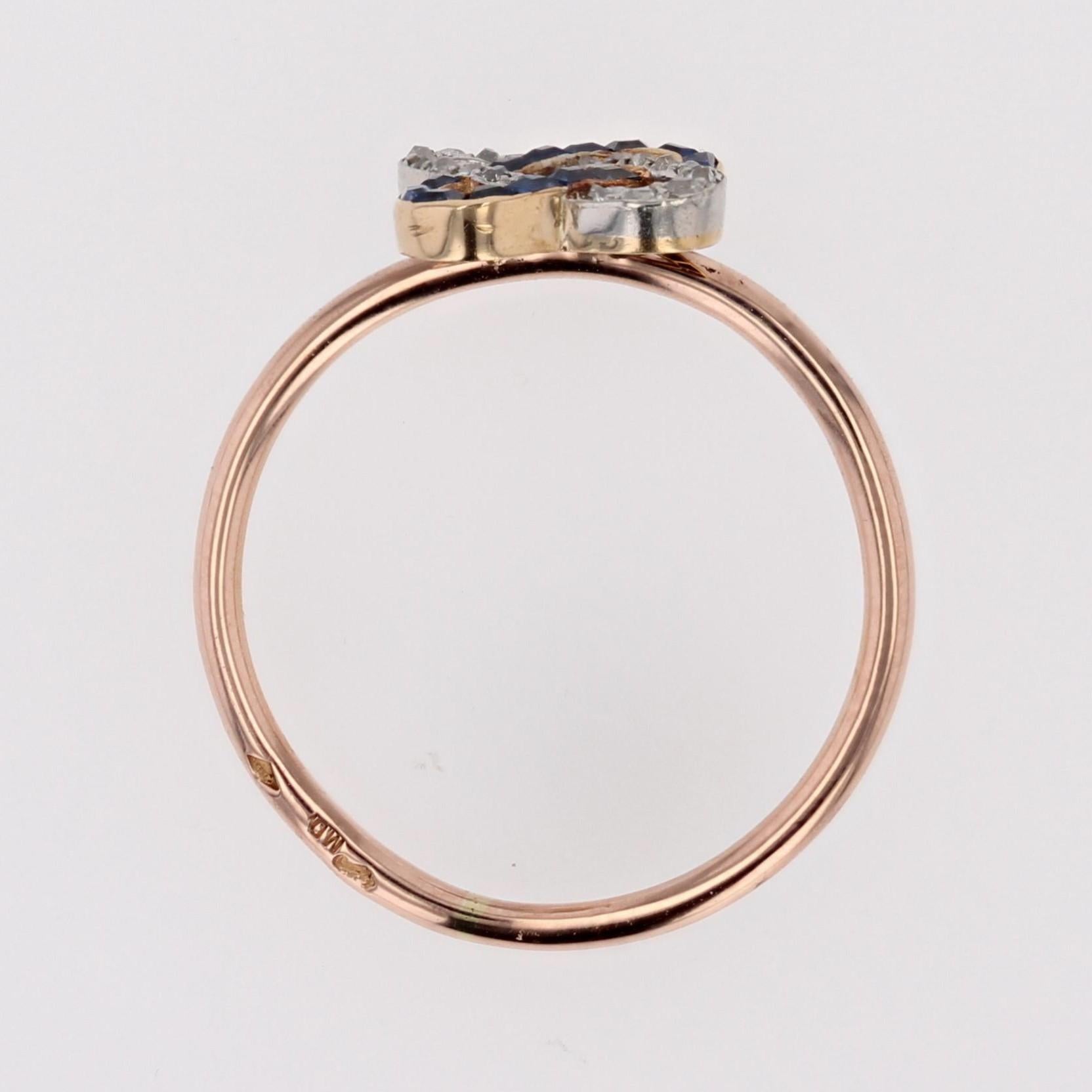Französischer 1925er Jahre Art Deco Saphire Diamanten 18 Karat Roségold Staple Ring im Angebot 9