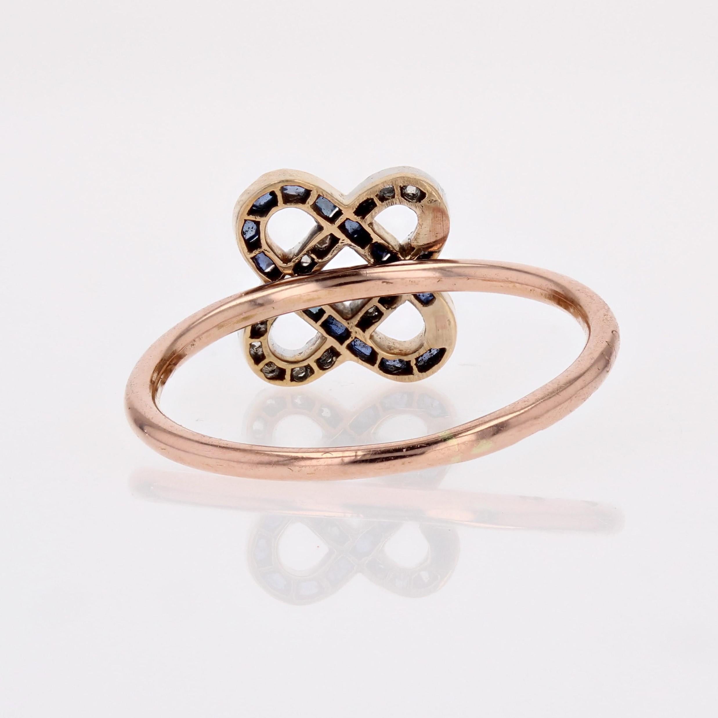 French 1925s Art Deco Sapphires Diamonds 18 Karat Rose Gold Staple Ring For Sale 11