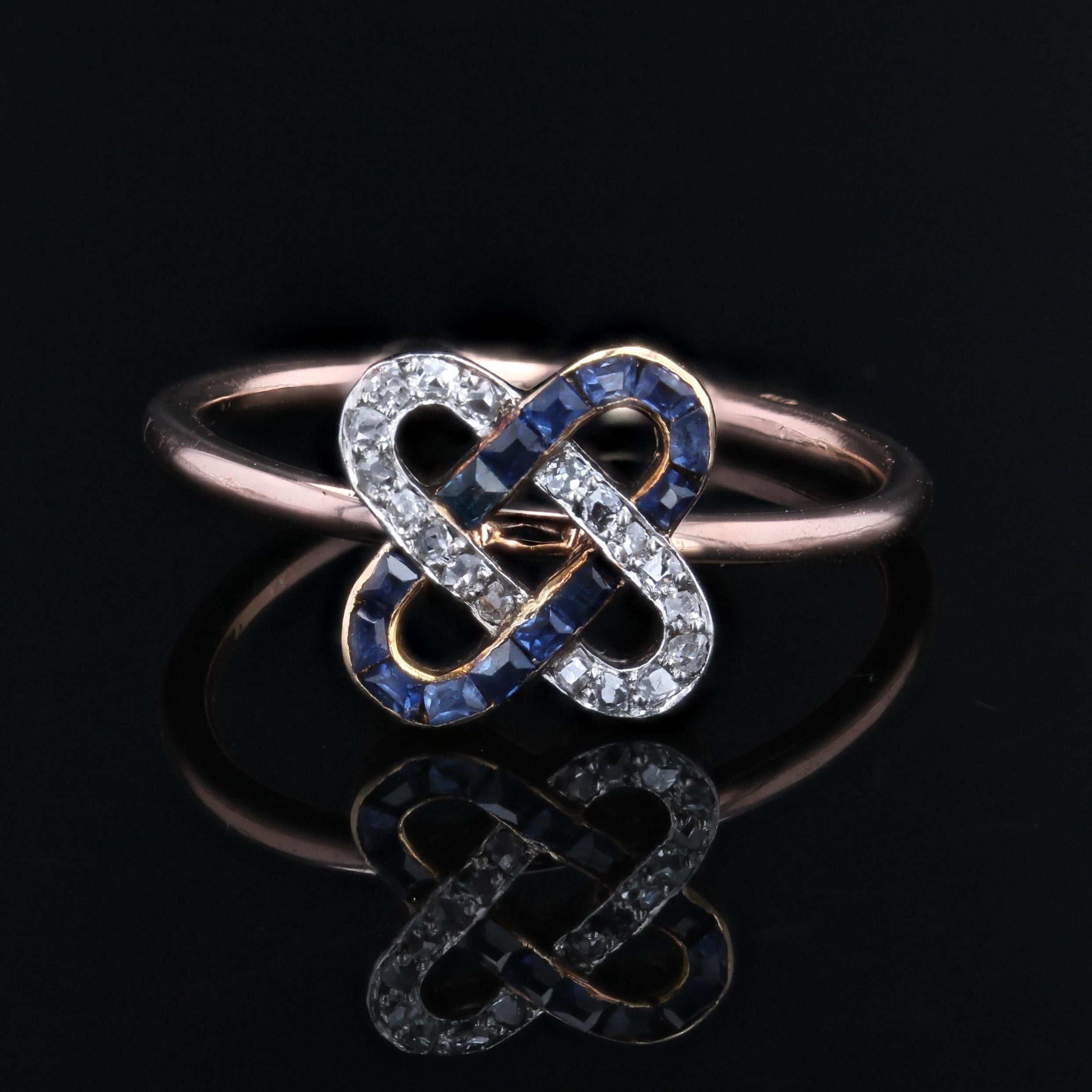 Women's French 1925s Art Deco Sapphires Diamonds 18 Karat Rose Gold Staple Ring For Sale