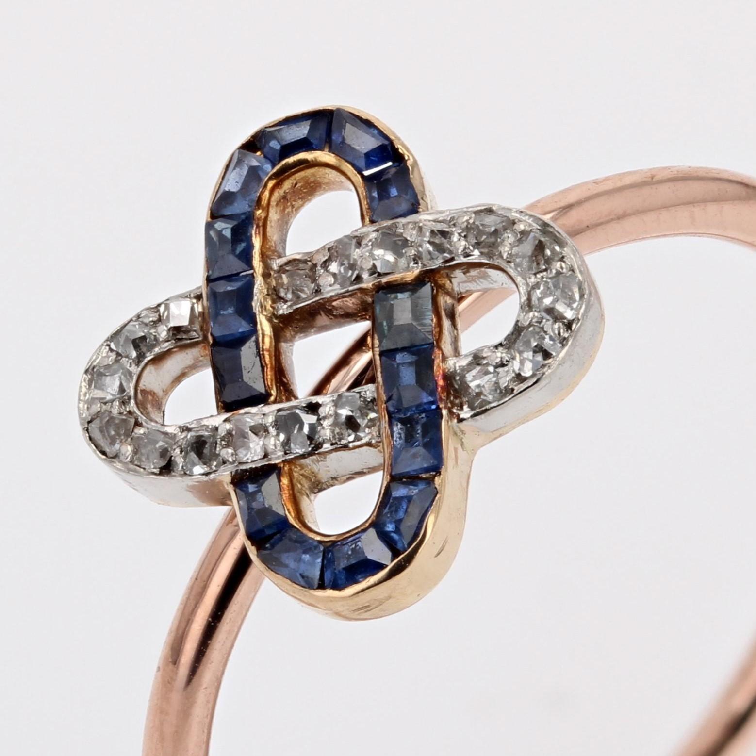 French 1925s Art Deco Sapphires Diamonds 18 Karat Rose Gold Staple Ring For Sale 4