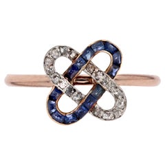 Used French 1925s Art Deco Sapphires Diamonds 18 Karat Rose Gold Staple Ring
