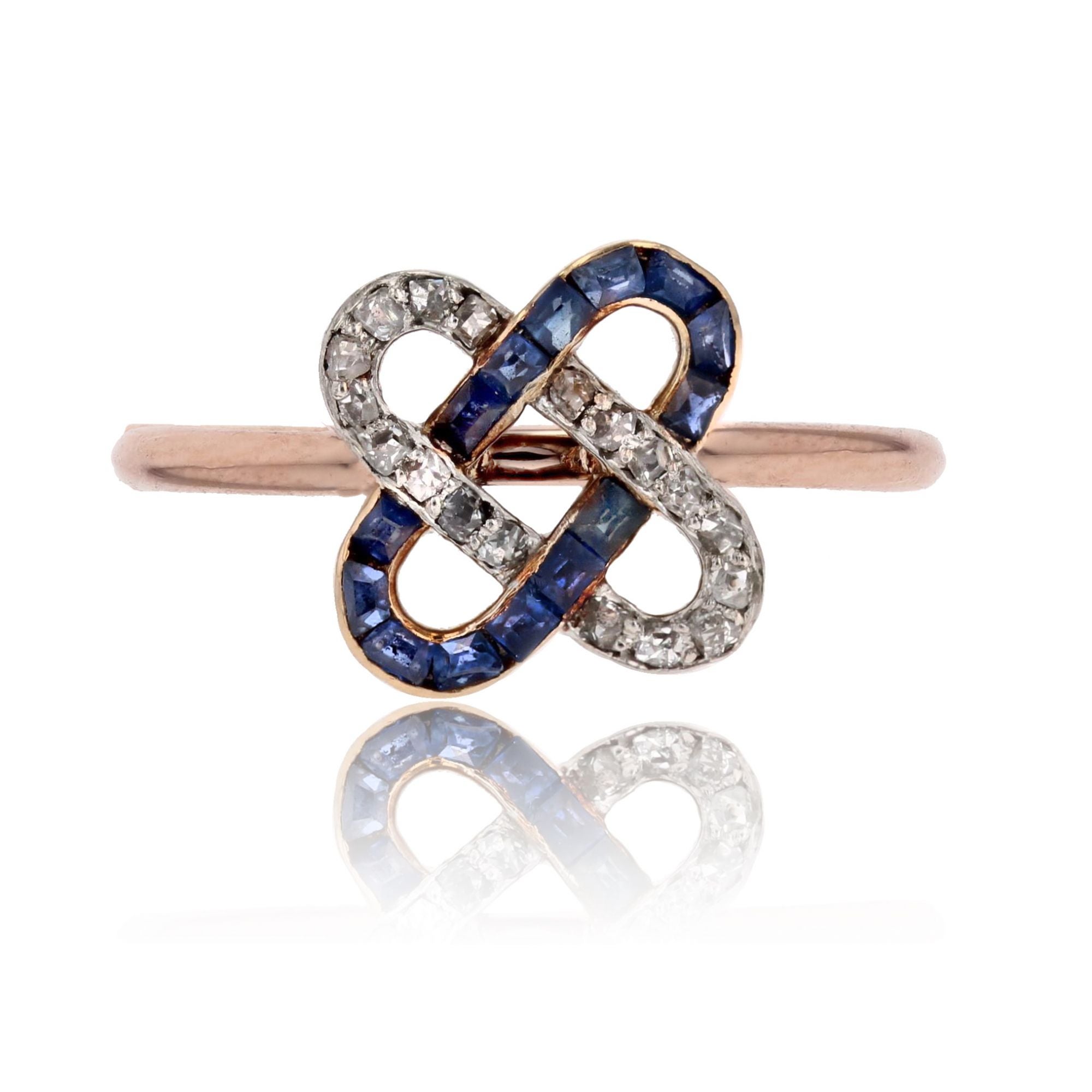 French 1925s Art Deco Sapphires Diamonds 18 Karat Rose Gold Staple Ring For Sale