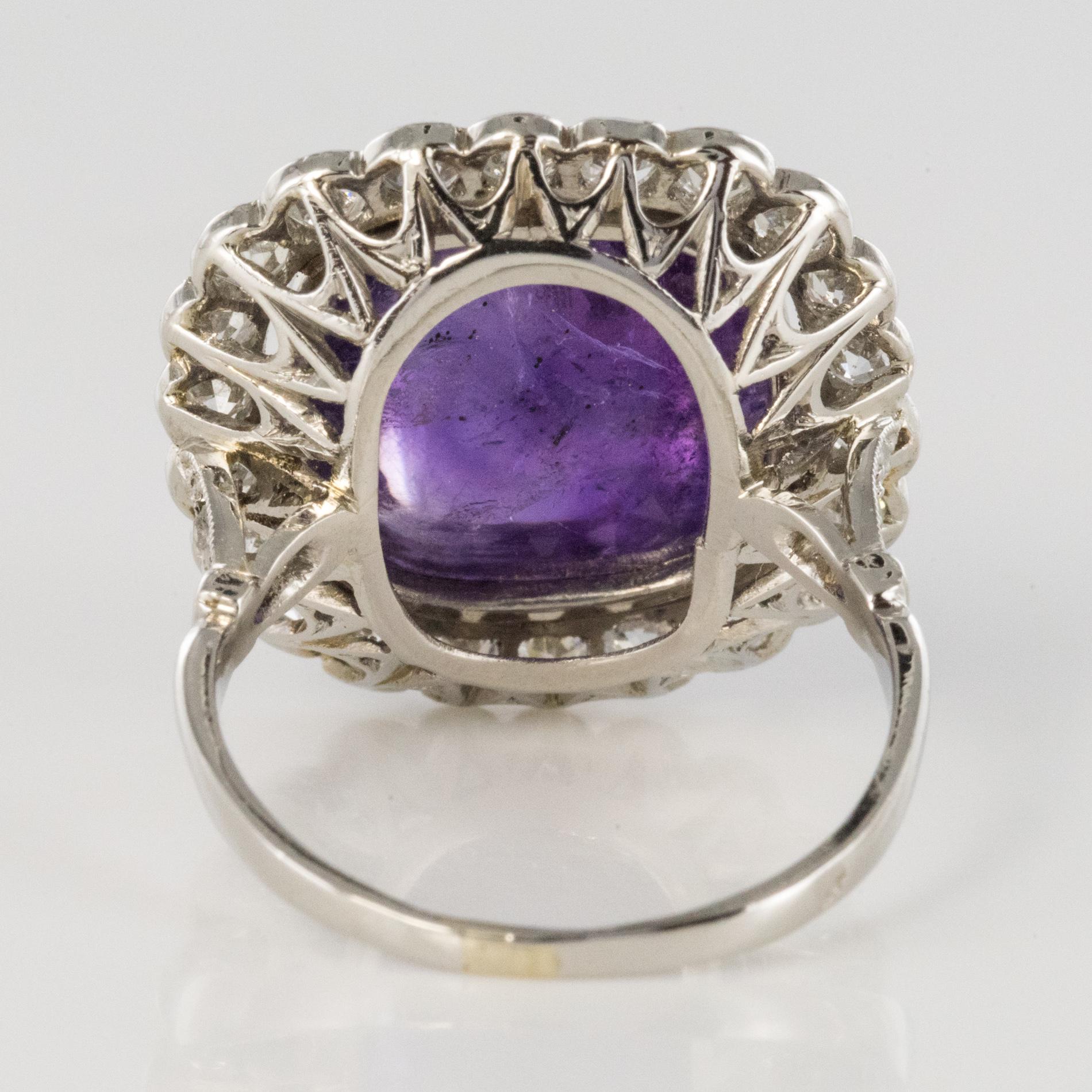 French 1925 Art Deco Sugarloaf Amethyst Diamonds Platinum Ring 6