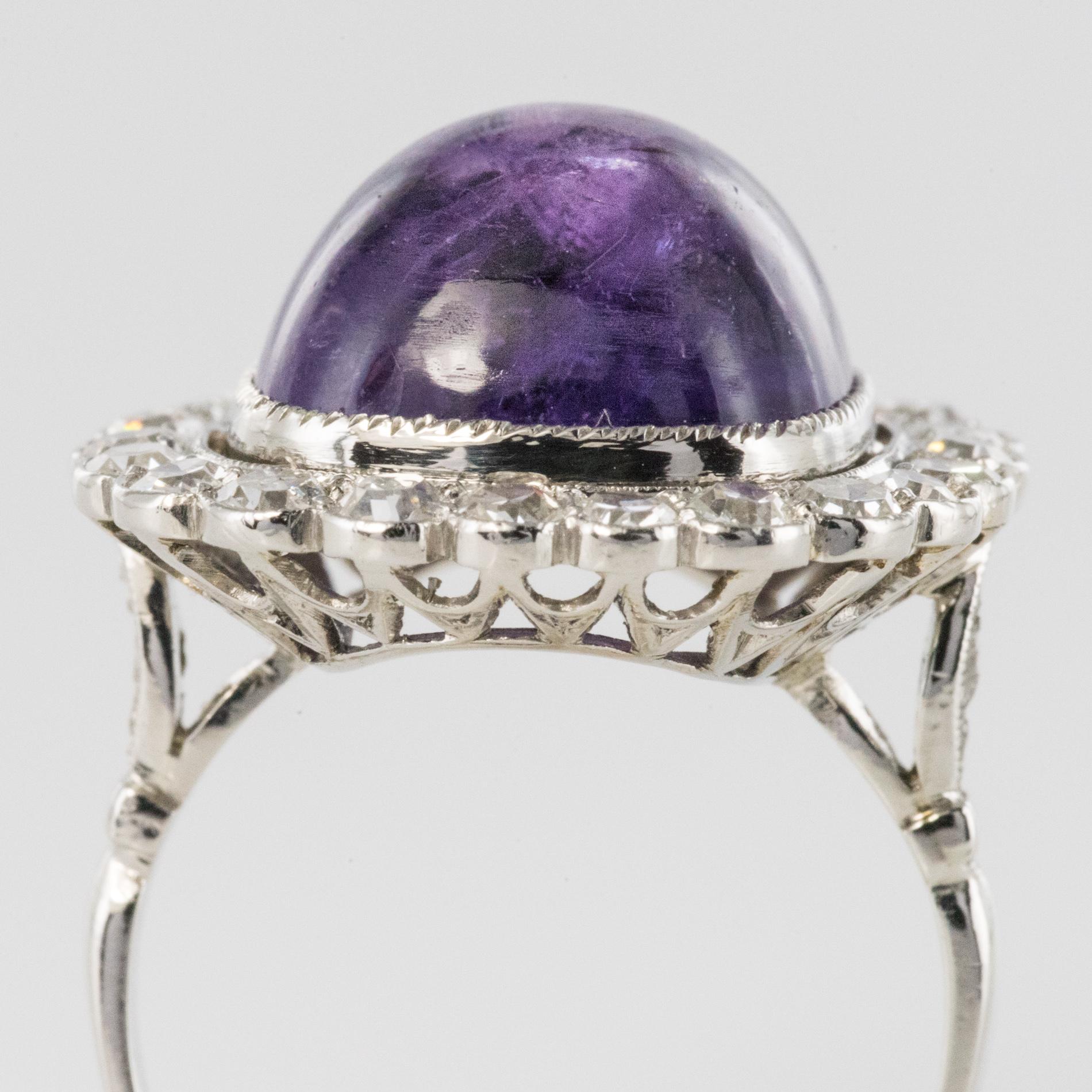 French 1925 Art Deco Sugarloaf Amethyst Diamonds Platinum Ring 8