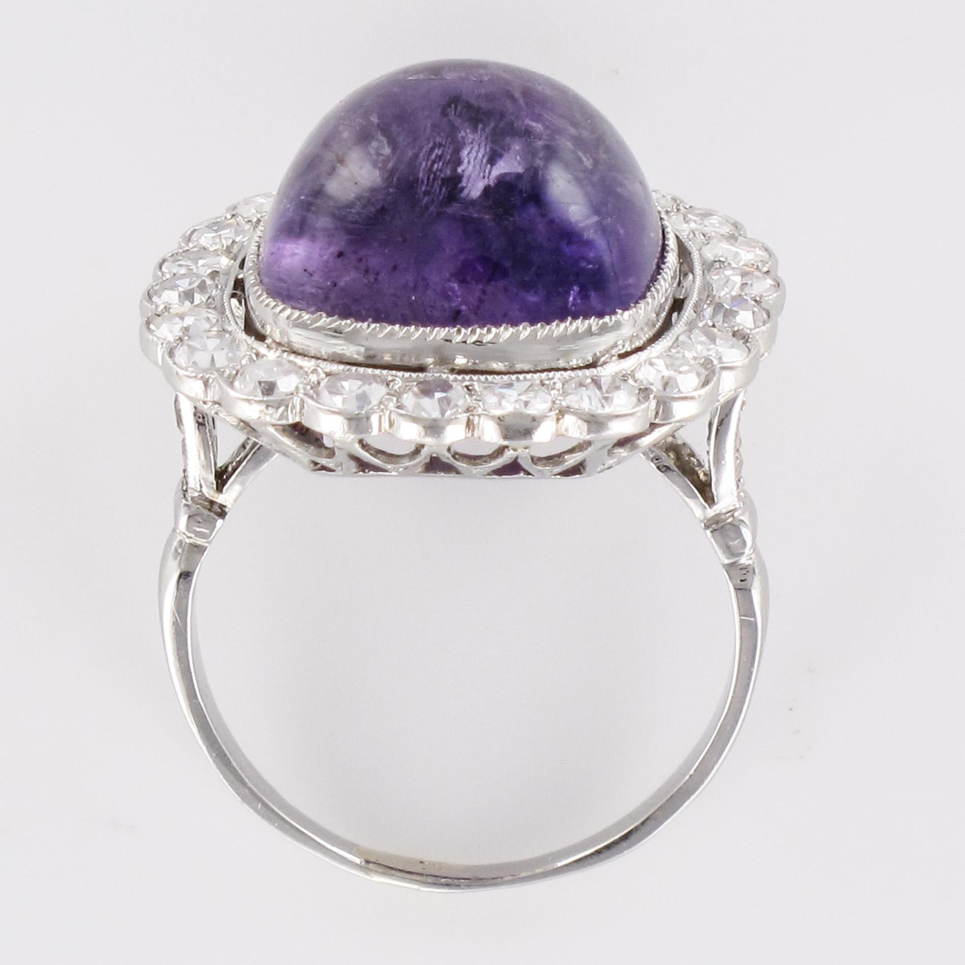 French 1925 Art Deco Sugarloaf Amethyst Diamonds Platinum Ring 9