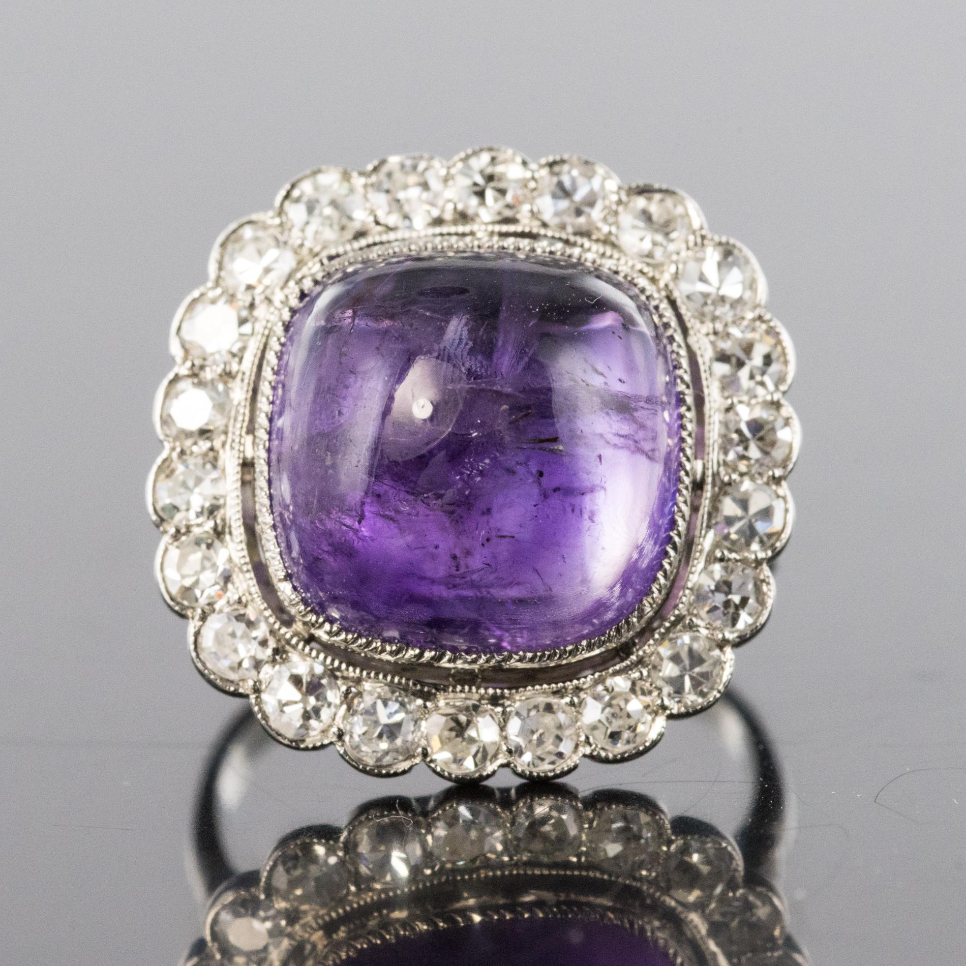 Women's French 1925 Art Deco Sugarloaf Amethyst Diamonds Platinum Ring