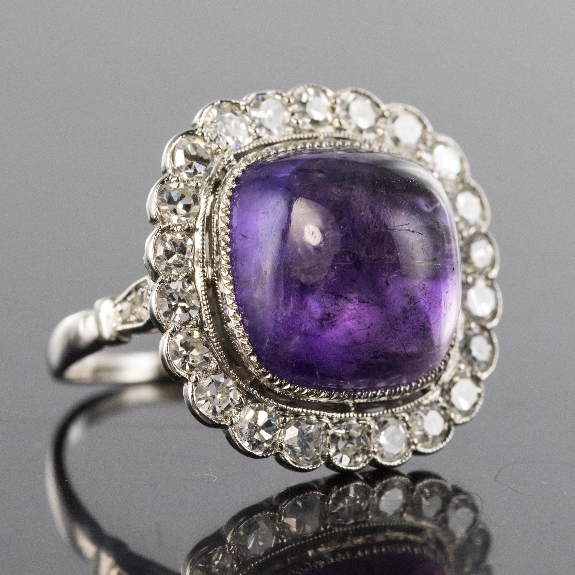 French 1925 Art Deco Sugarloaf Amethyst Diamonds Platinum Ring 4