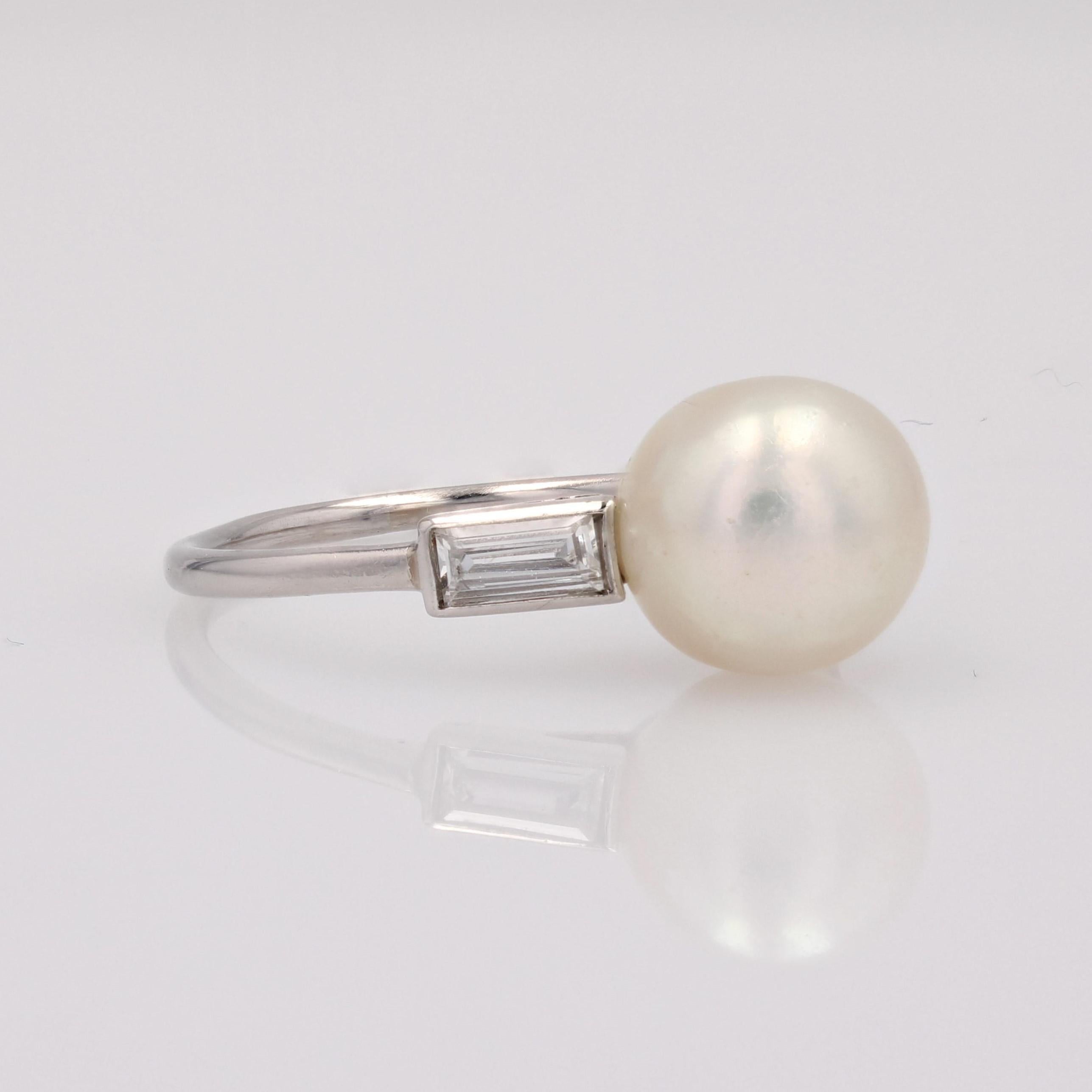 French 1925s Certified Fine Pearl Baguette, Cut Diamonds Platinum Art Deco Ring For Sale 6