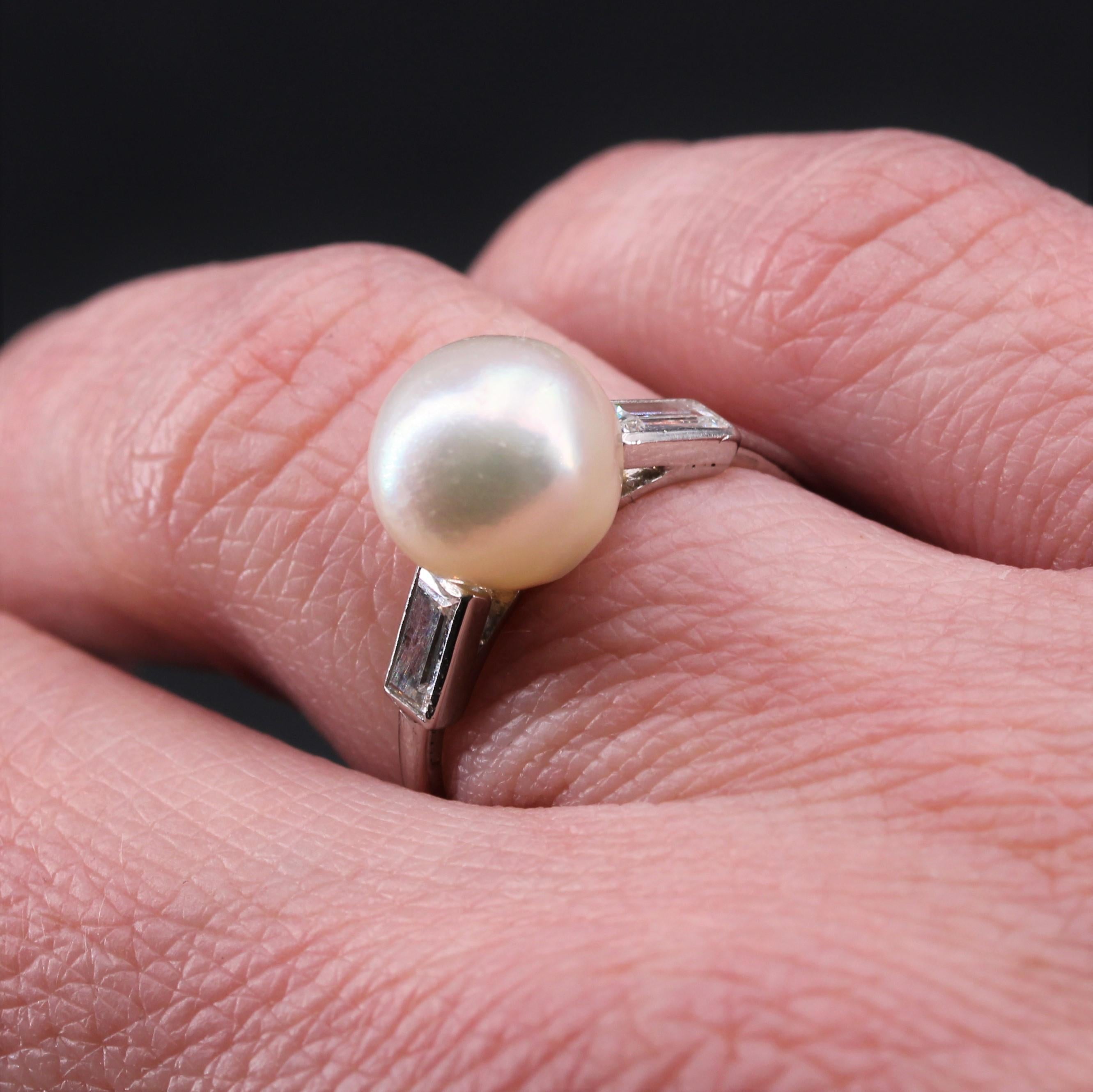 French 1925s Certified Fine Pearl Baguette, Cut Diamonds Platinum Art Deco Ring For Sale 9