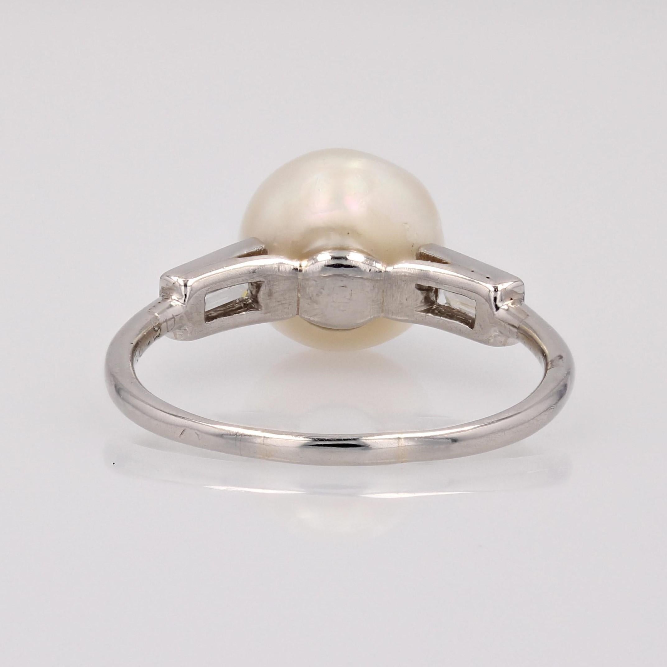 French 1925s Certified Fine Pearl Baguette, Cut Diamonds Platinum Art Deco Ring For Sale 11