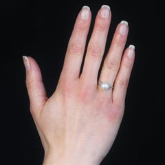 French 1925s Certified Fine Pearl Baguette, Cut Diamonds Platinum Art Deco Ring