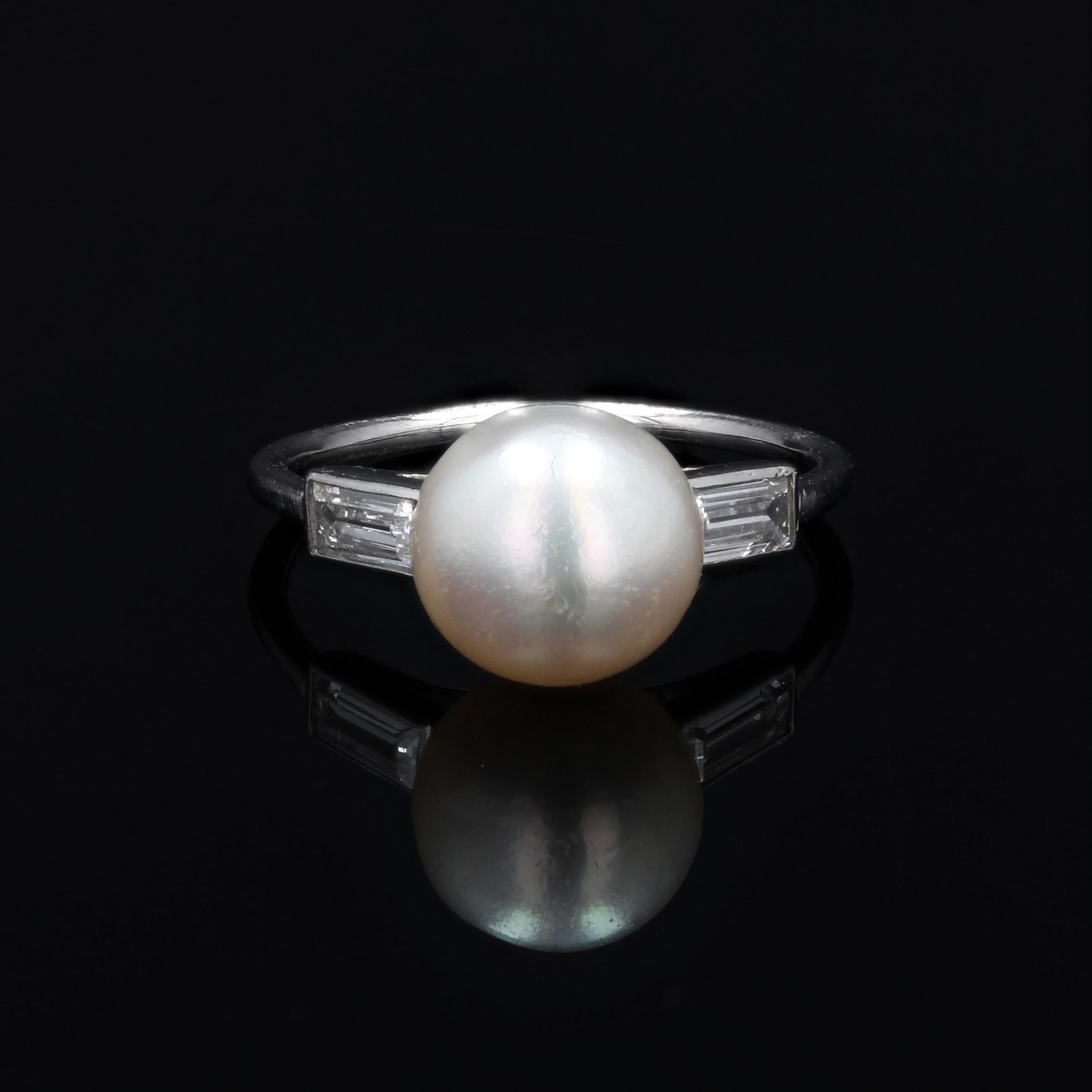Bead French 1925s Certified Fine Pearl Baguette, Cut Diamonds Platinum Art Deco Ring For Sale