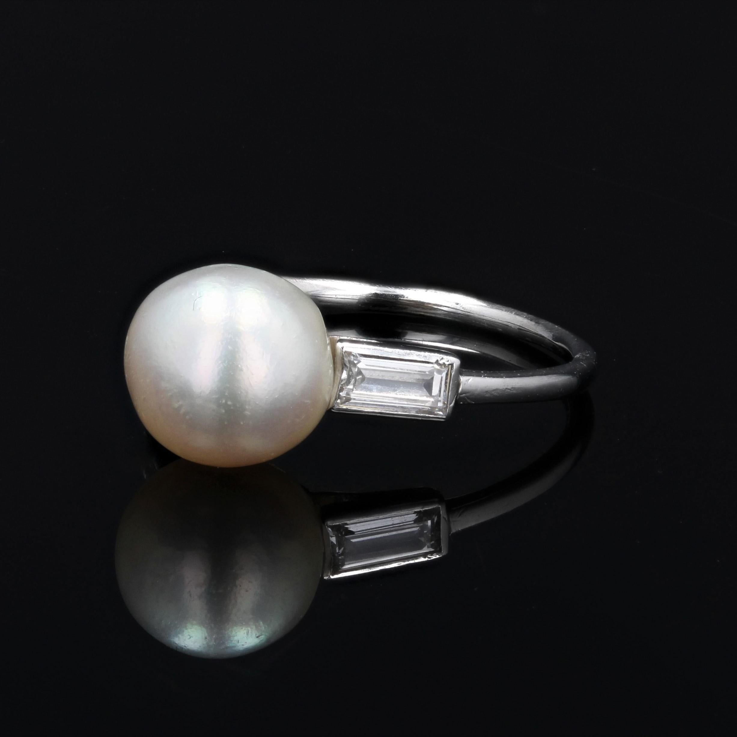 Women's French 1925s Certified Fine Pearl Baguette, Cut Diamonds Platinum Art Deco Ring For Sale