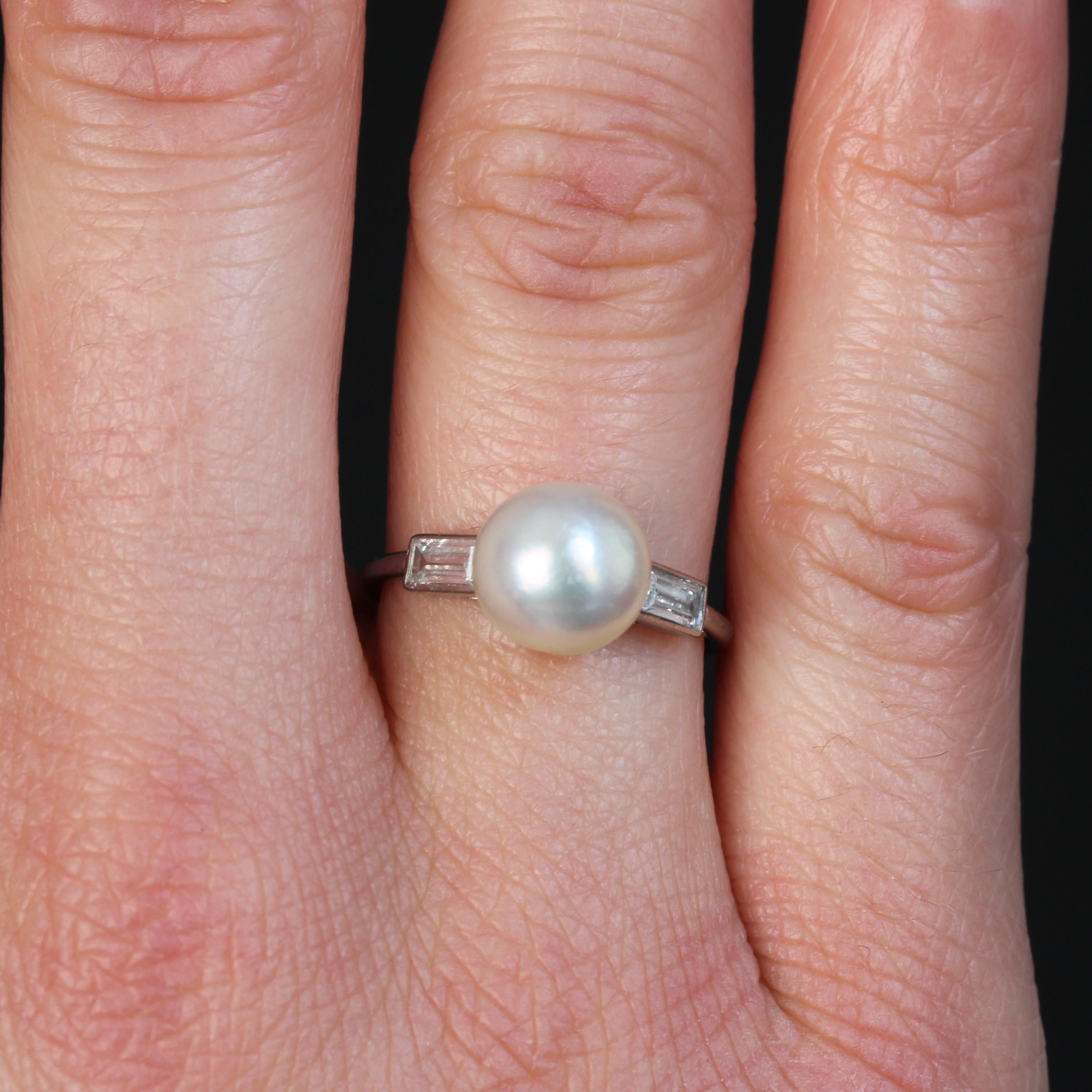 French 1925s Certified Fine Pearl Baguette, Cut Diamonds Platinum Art Deco Ring For Sale 1