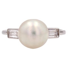 French 1925s Certified Fine Pearl Baguette, Cut Diamonds Platinum Art Deco Ring