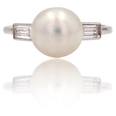 French 1925s Certified Fine Pearl Baguette, Cut Diamonds Platinum Art Deco Ring