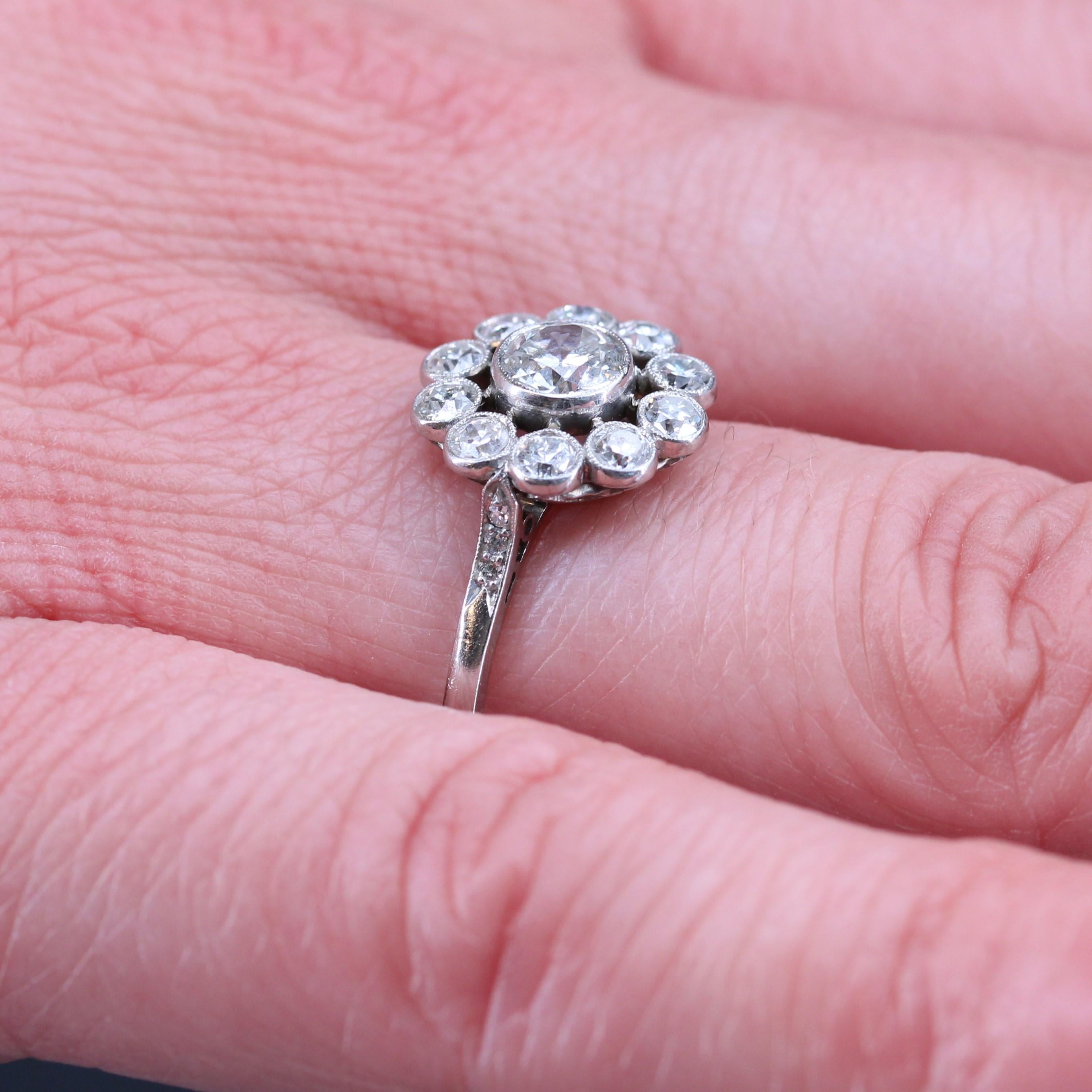 French 1925s Diamond Platinum Daisy Cluster Ring For Sale 3
