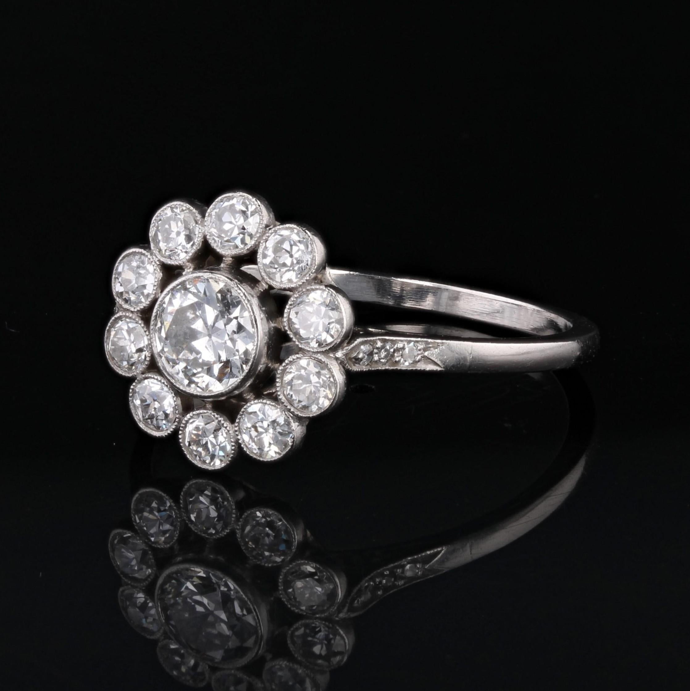 Brilliant Cut French 1925s Diamond Platinum Daisy Cluster Ring For Sale