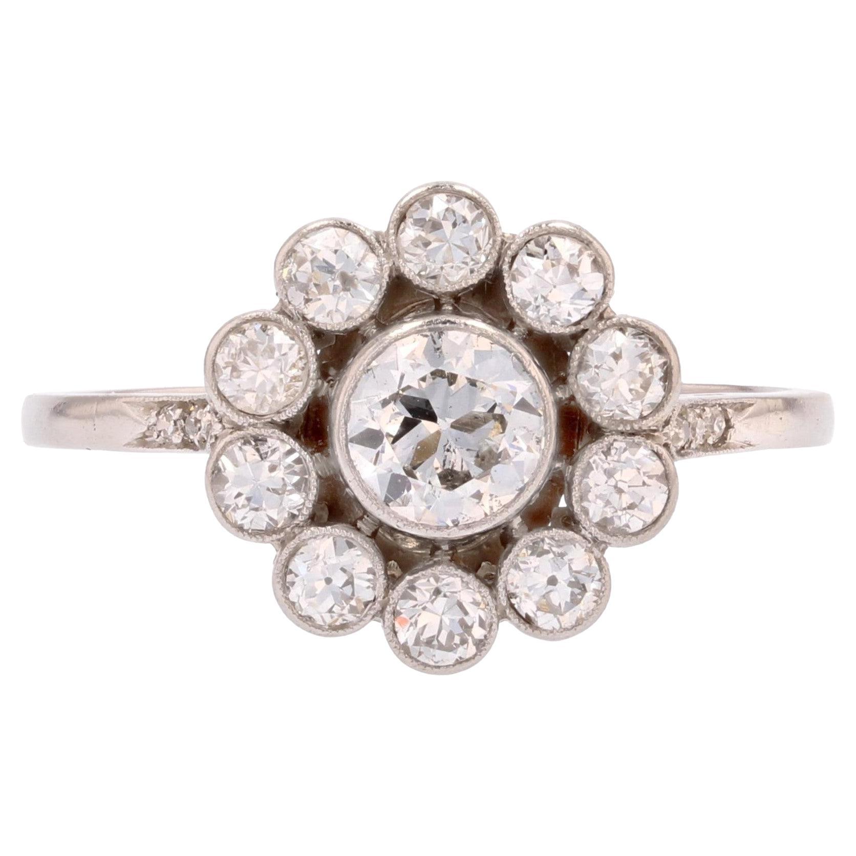 French 1925s Diamond Platinum Daisy Cluster Ring For Sale