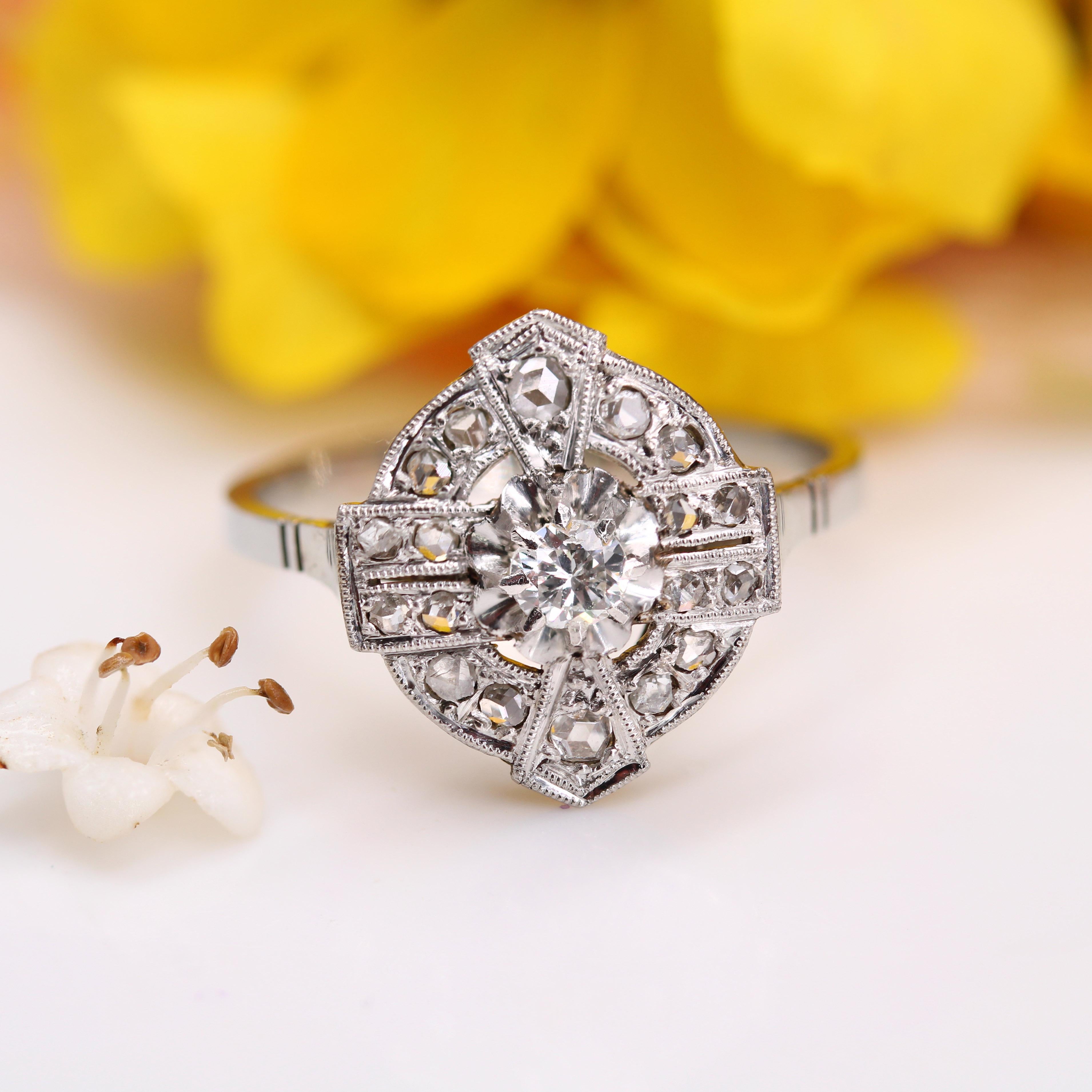 Rose Cut French 1925s Diamonds 18 Karat White Gold Platinum Art Deco Ring For Sale