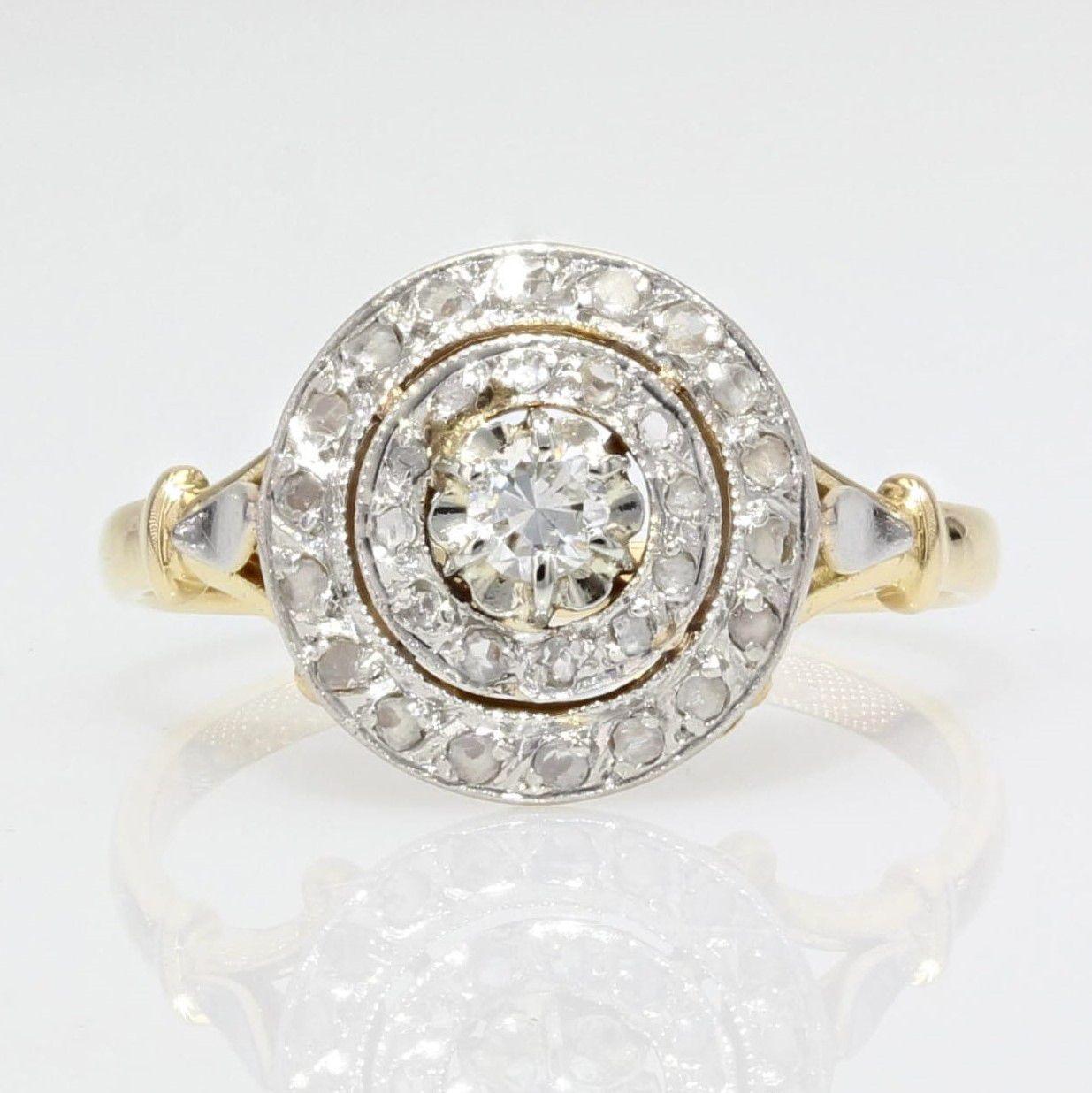 French 1925s Diamonds 18 Karat Yellow Gold Round Ring 2