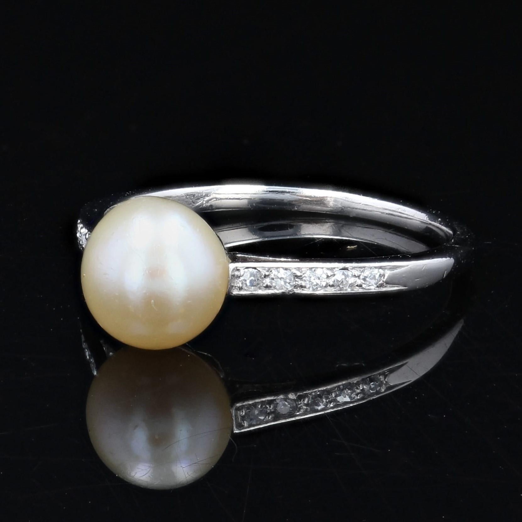 Women's French 1925s Fine Pearl Diamonds Platinum Art Deco Ring For Sale