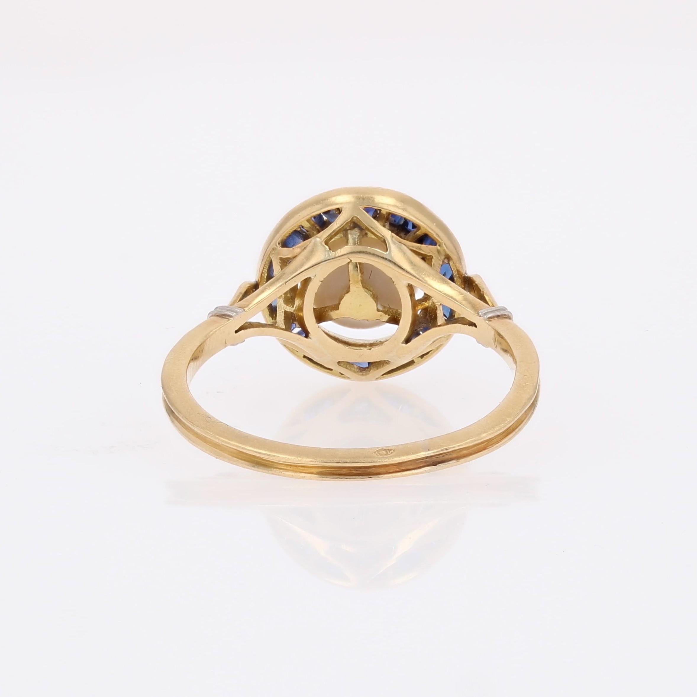 French 1925s Mabe Pearl Calibrated Blue Gems 18 Karat Yellow Gold Ring im Angebot 10