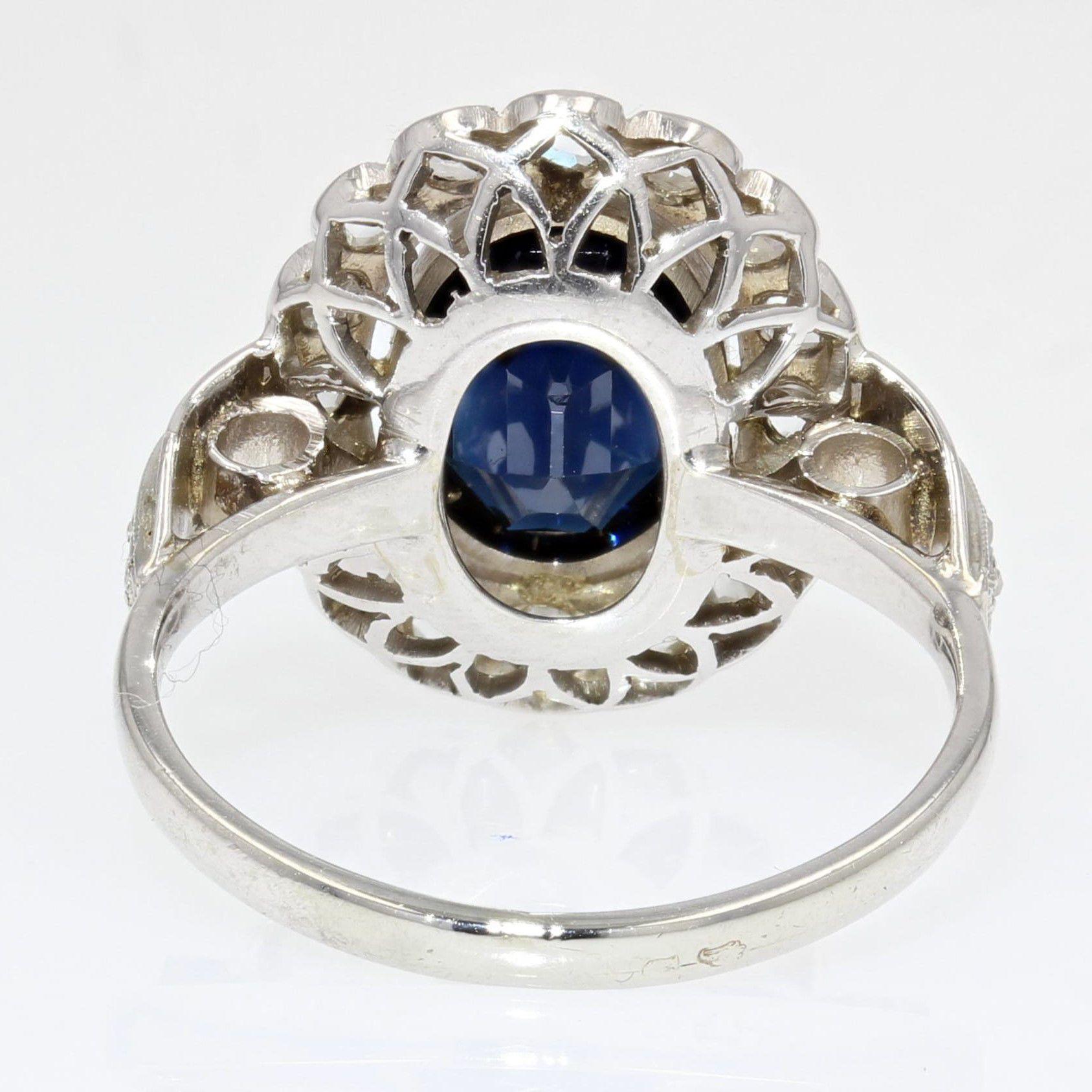 French 1925s Sapphire Diamonds 18 Karat White Gold Cluster Ring 4