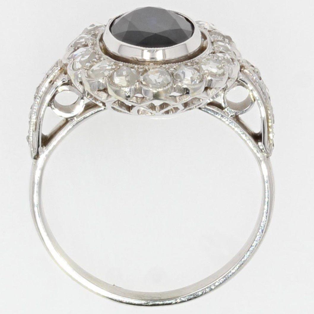 French 1925s Sapphire Diamonds 18 Karat White Gold Cluster Ring 5