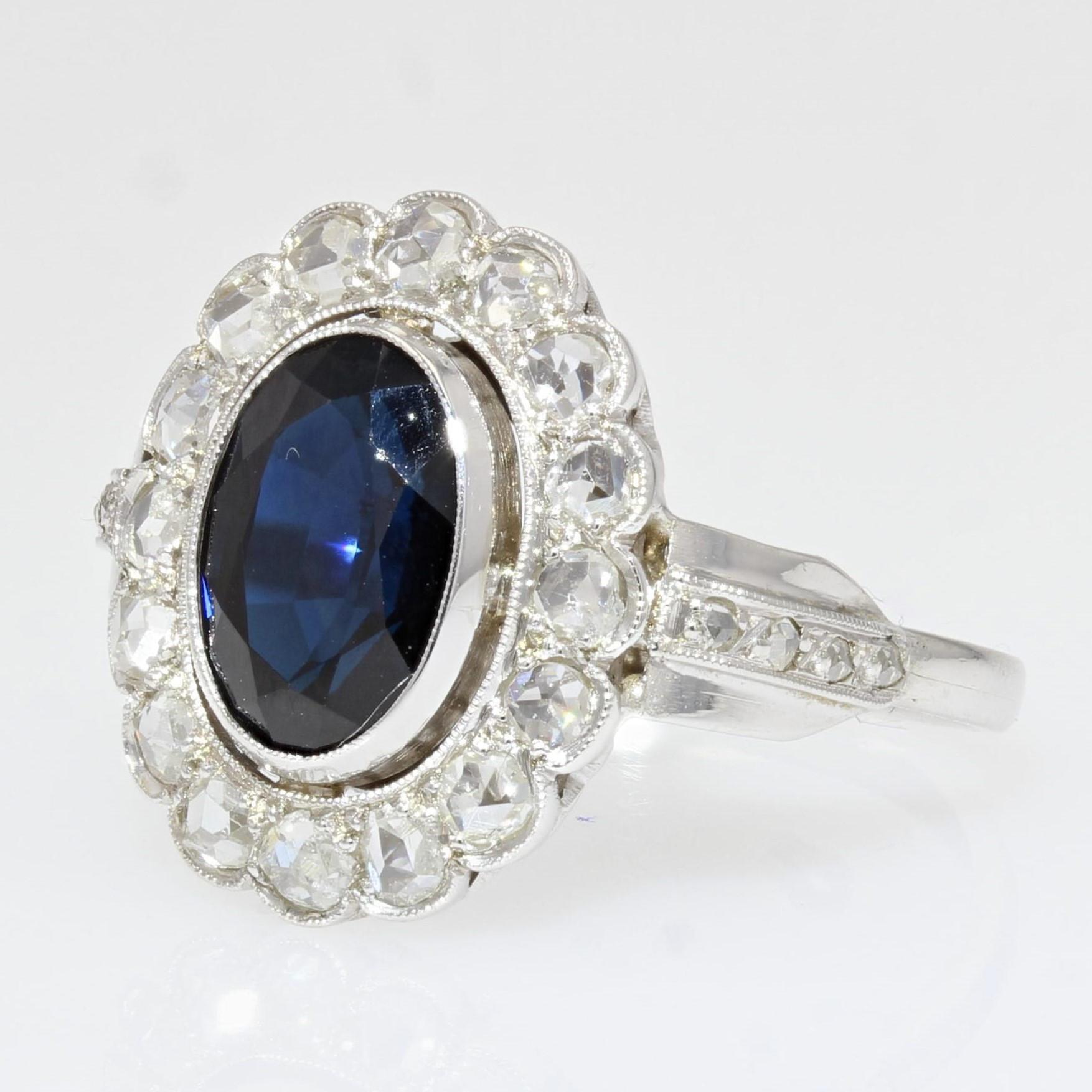 Art Deco French 1925s Sapphire Diamonds 18 Karat White Gold Cluster Ring
