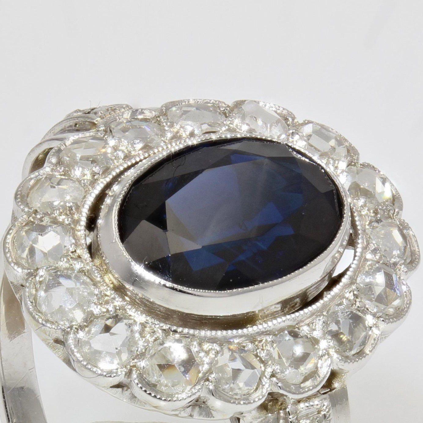 Rose Cut French 1925s Sapphire Diamonds 18 Karat White Gold Cluster Ring